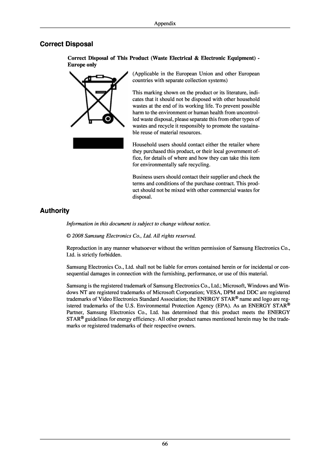 Samsung 2243NWX user manual Correct Disposal, Authority, Information in this document is subject to change without notice 