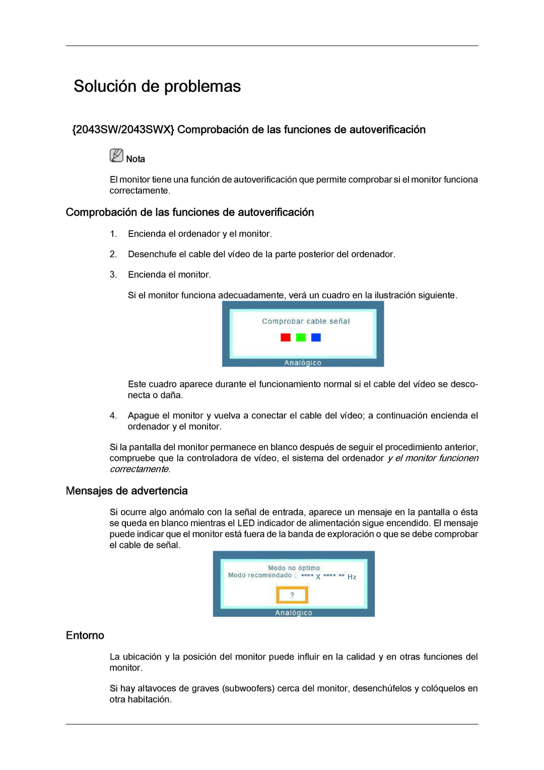 Samsung 2243SWX quick start Comprobación de las funciones de autoverificación, Mensajes de advertencia, Entorno 