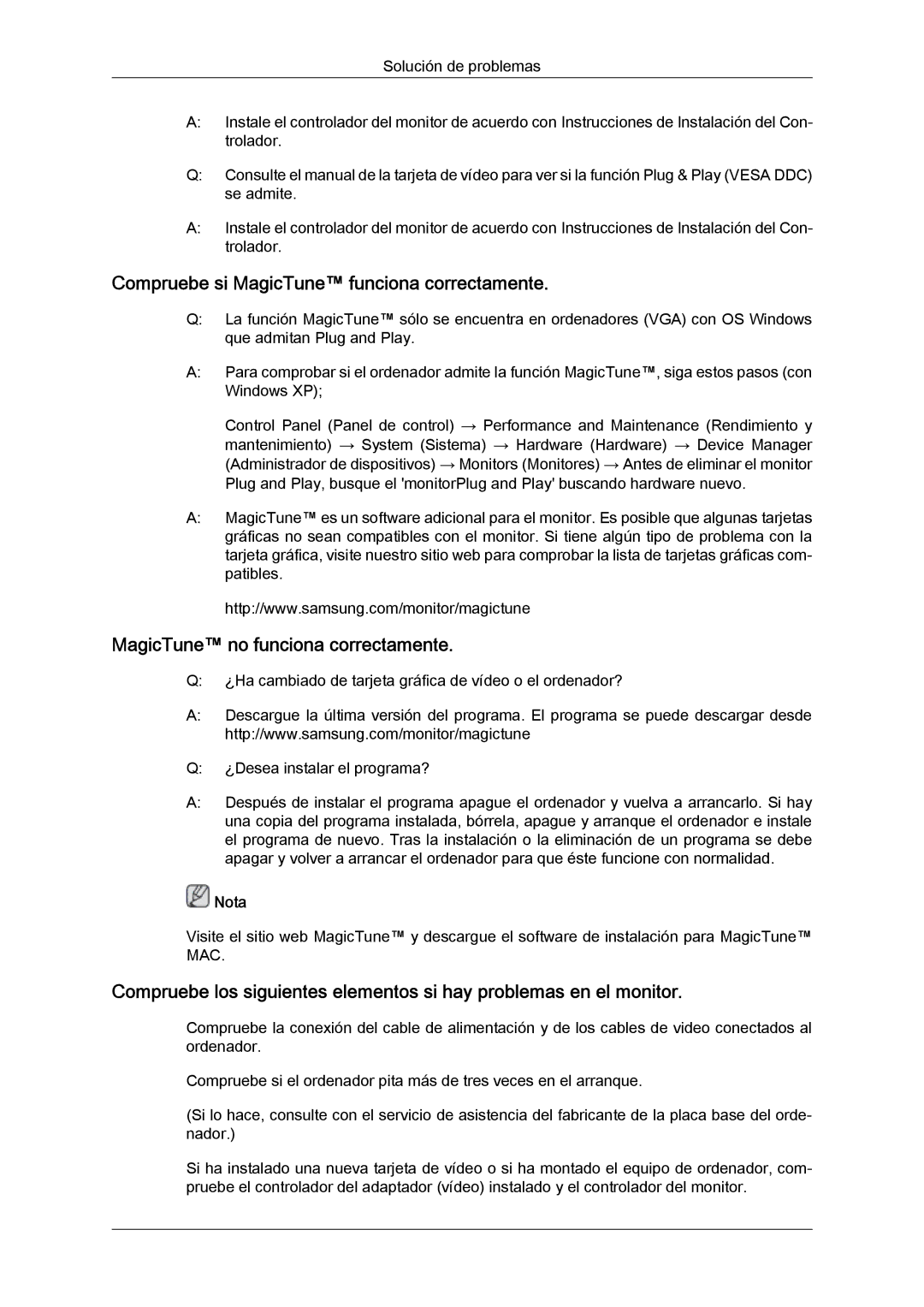 Samsung 2243SWX quick start Compruebe si MagicTune funciona correctamente, MagicTune no funciona correctamente 