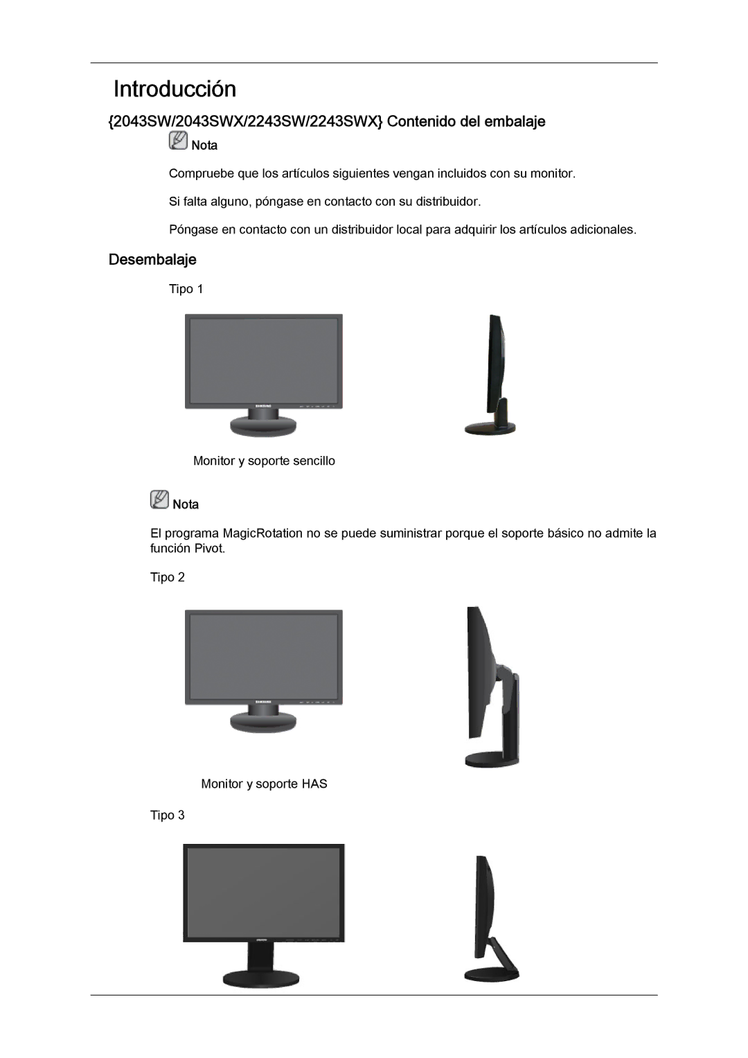 Samsung quick start 2043SW/2043SWX/2243SW/2243SWX Contenido del embalaje, Desembalaje 