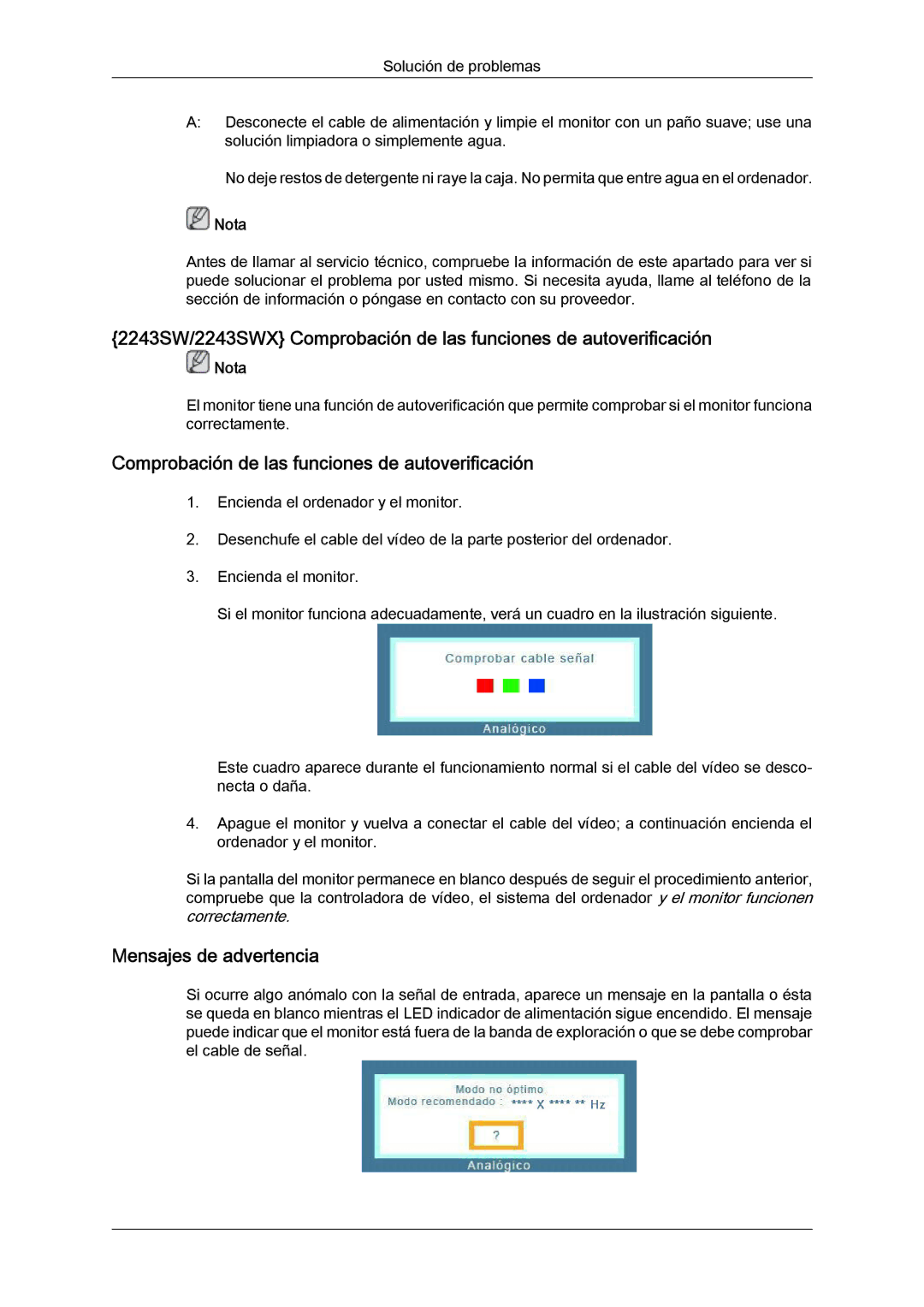 Samsung 2243SWX quick start Comprobación de las funciones de autoverificación 