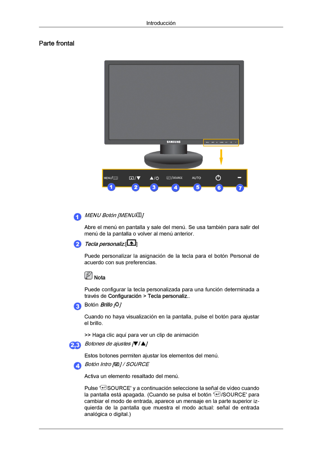 Samsung 2243SWX quick start Parte frontal, Menu Botón Menu 