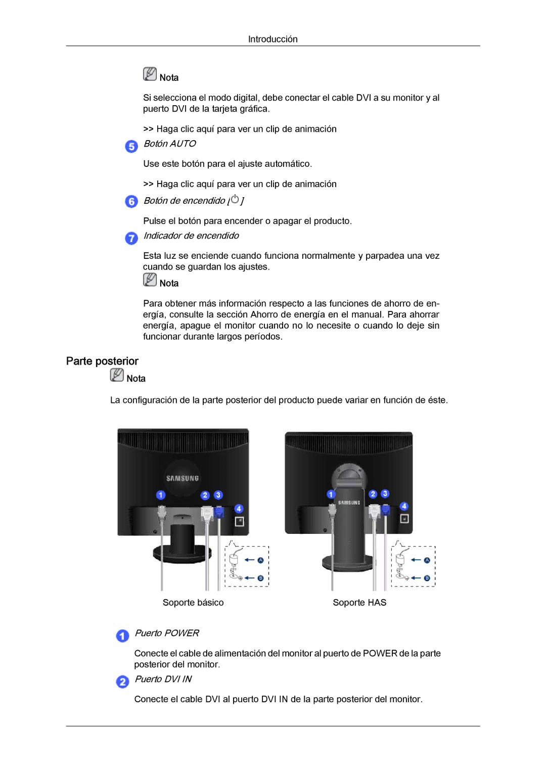 Samsung 2243SWX quick start Parte posterior, Indicador de encendido 