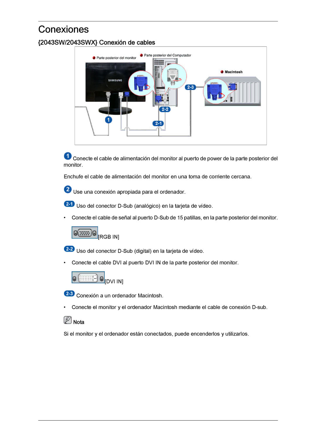 Samsung 2243SWX quick start Conexiones, 2043SW/2043SWX Conexión de cables 