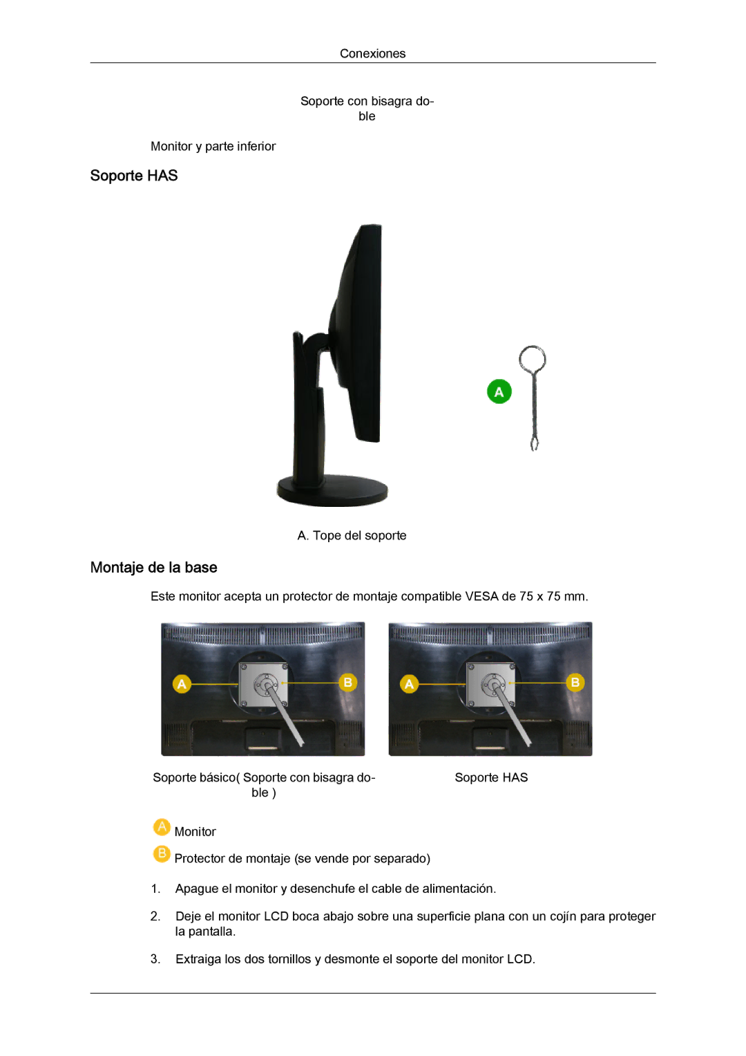 Samsung 2243SWX quick start Soporte has, Montaje de la base 