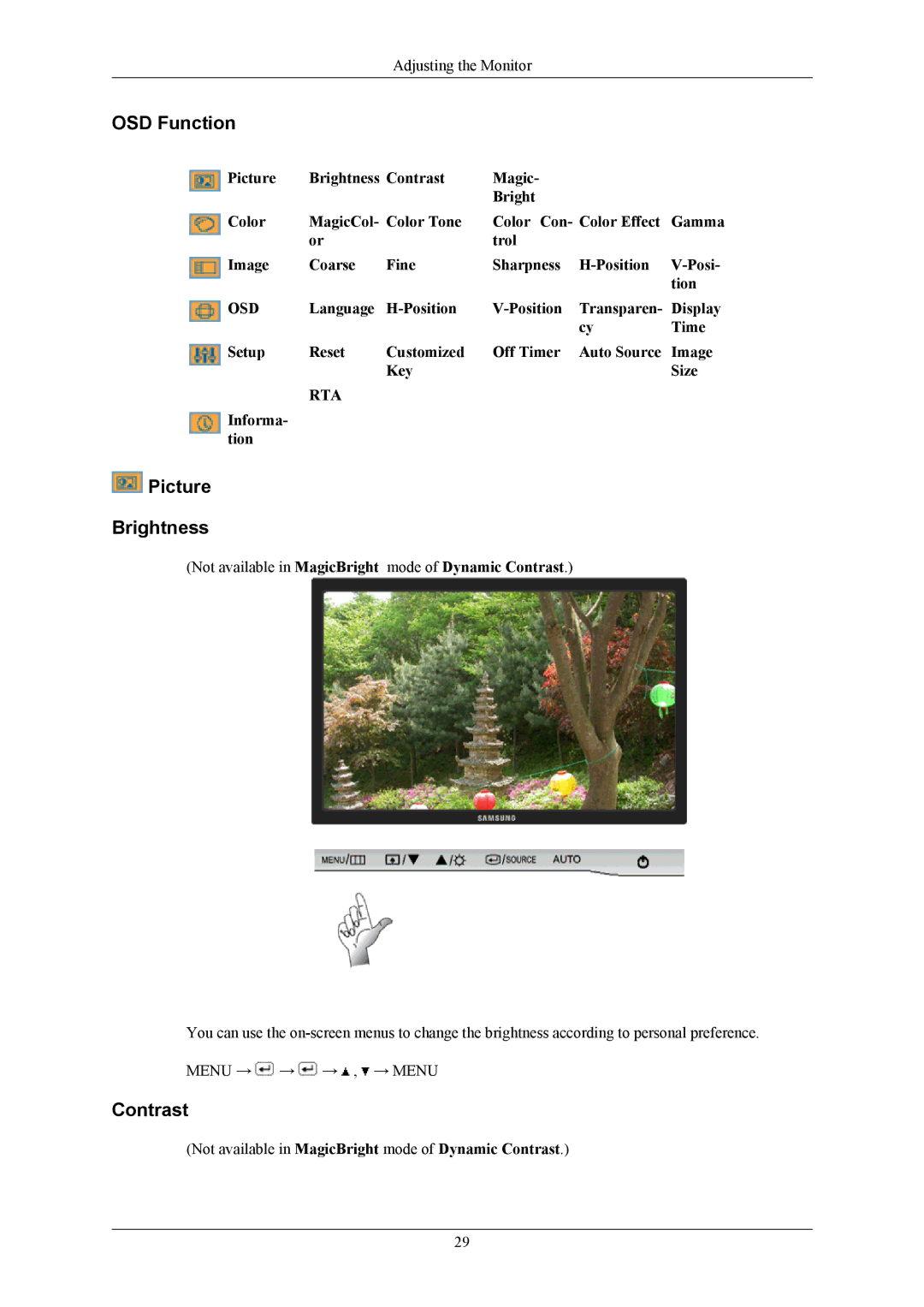 Samsung 2253LW, 2253BW user manual OSD Function, Picture Brightness, Contrast, Informa- tion 