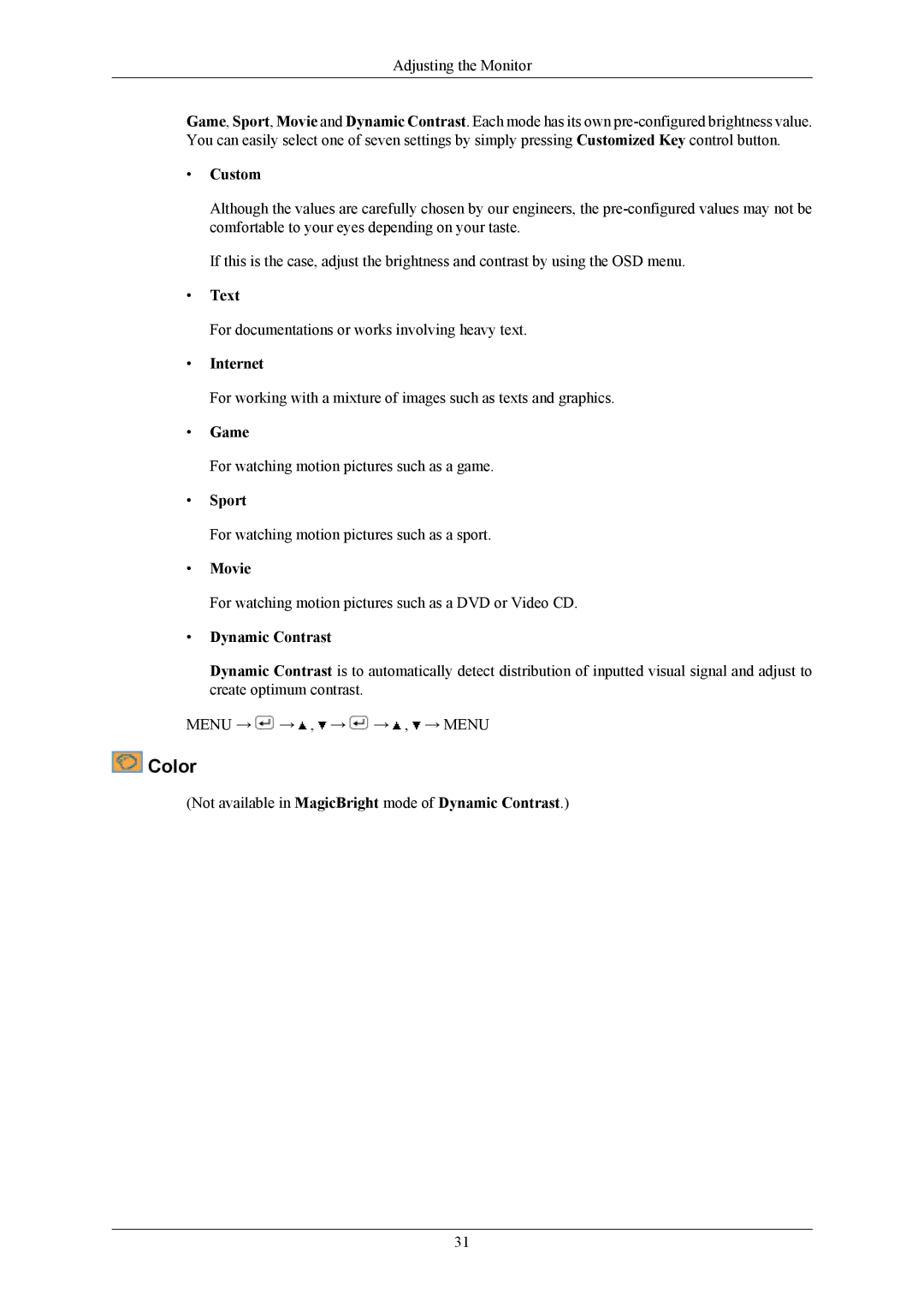 Samsung 2253LW, 2253BW user manual Color 