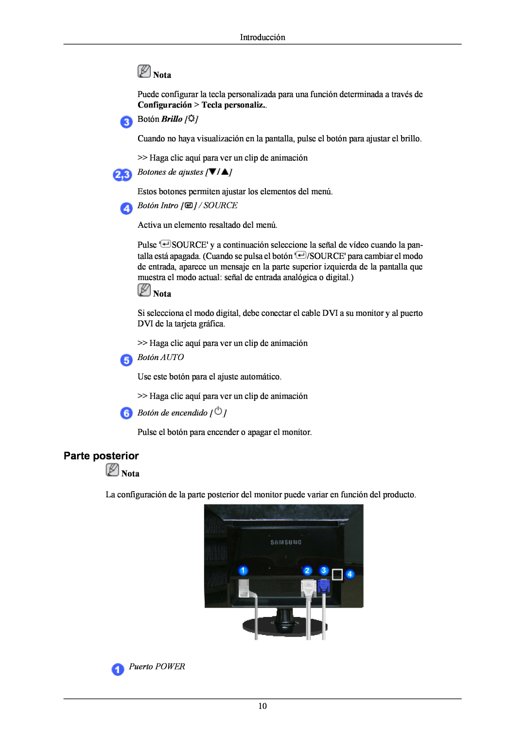 Samsung 2253LW, 2253BW quick start Parte posterior, Botón Intro / SOURCE, Botón de encendido, Puerto POWER, Nota 