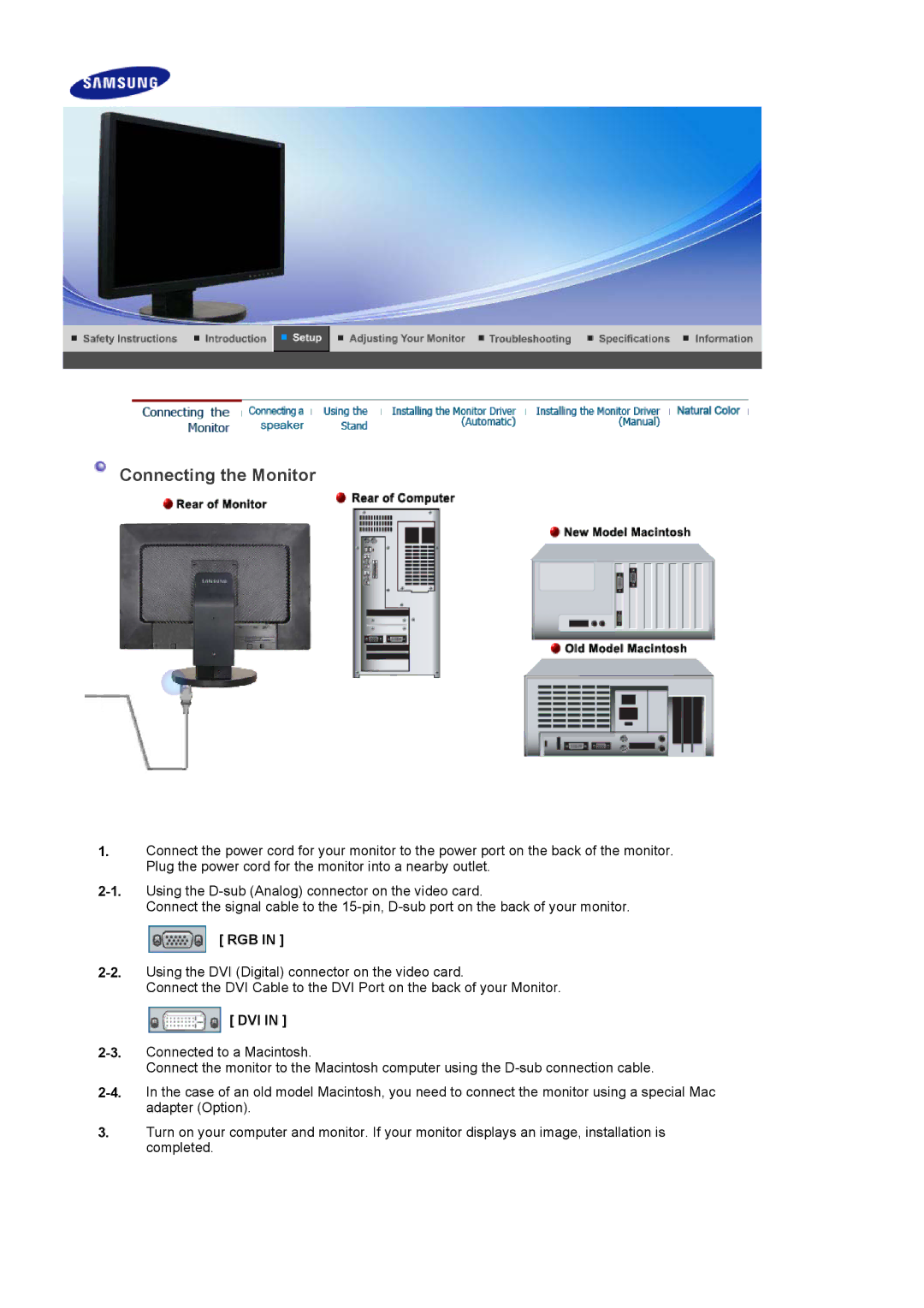 Samsung 225BW manual Connecting the Monitor, Rgb, Dvi 