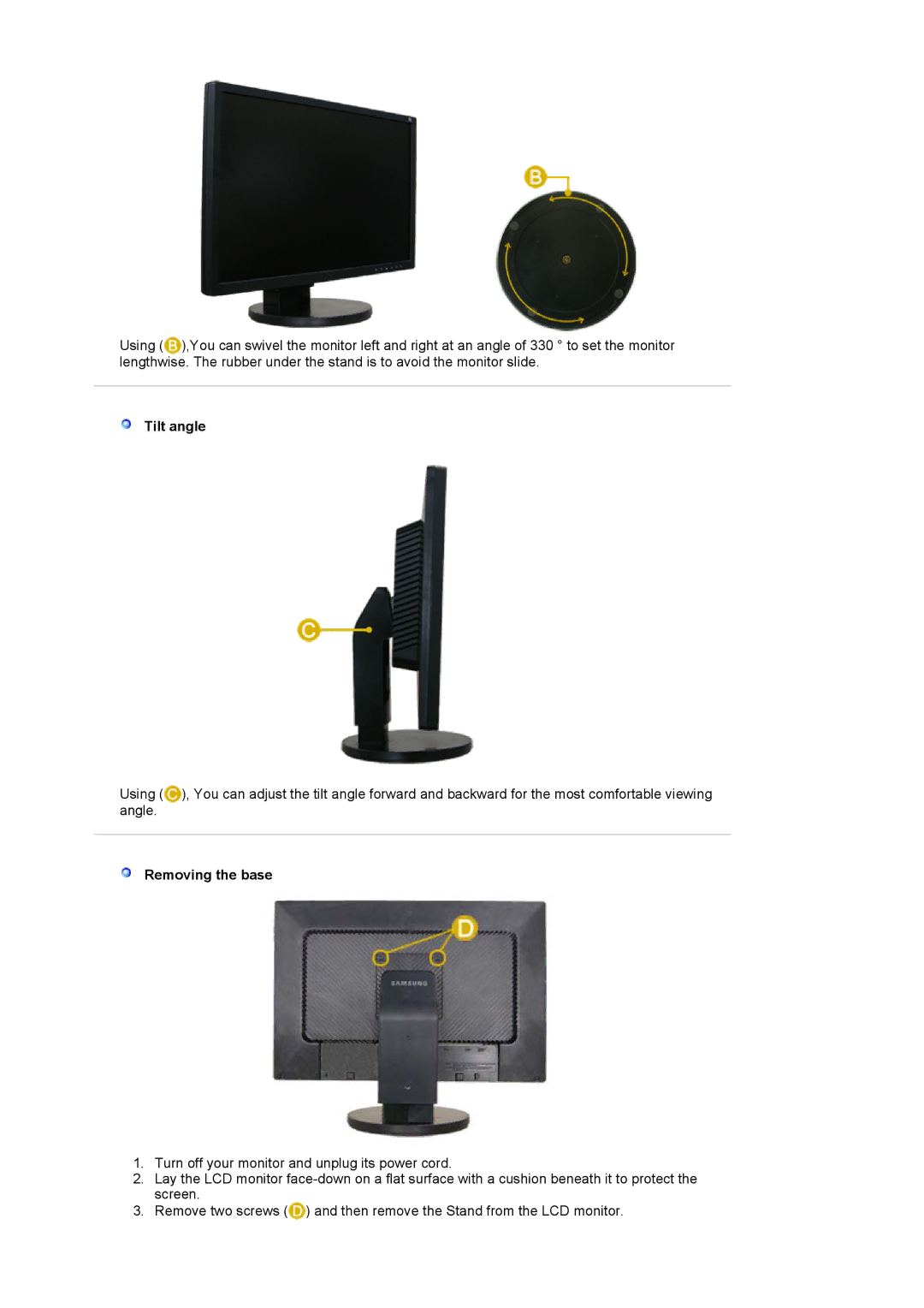 Samsung 225BW manual Tilt angle, Removing the base 