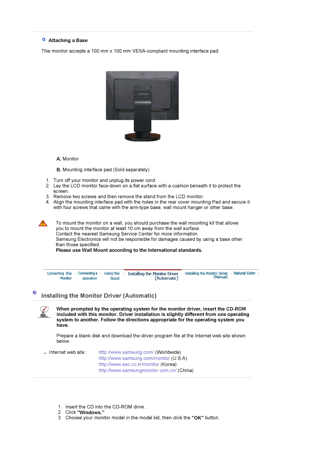 Samsung 225BW manual Installing the Monitor Driver Automatic, Attaching a Base, Click Windows 