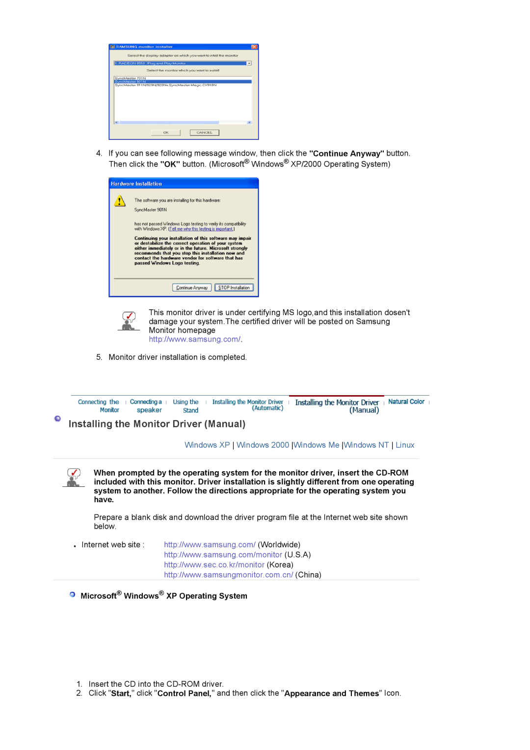 Samsung 225BW manual Installing the Monitor Driver Manual, Microsoft Windows XP Operating System 