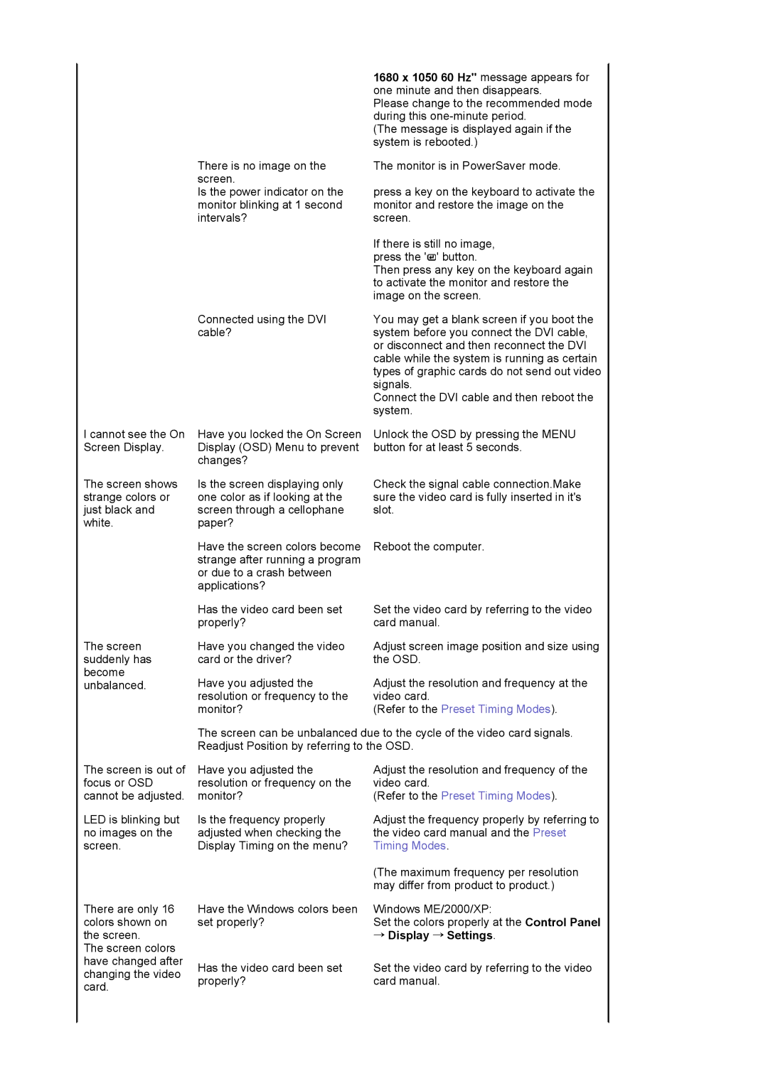 Samsung 225BW manual Refer to the Preset Timing Modes, → Display → Settings 