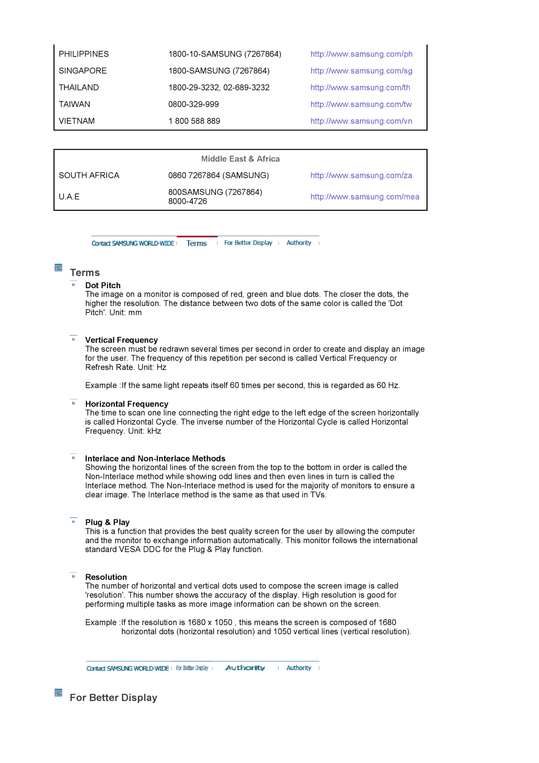 Samsung 225BW manual Terms, For Better Display, Middle East & Africa 