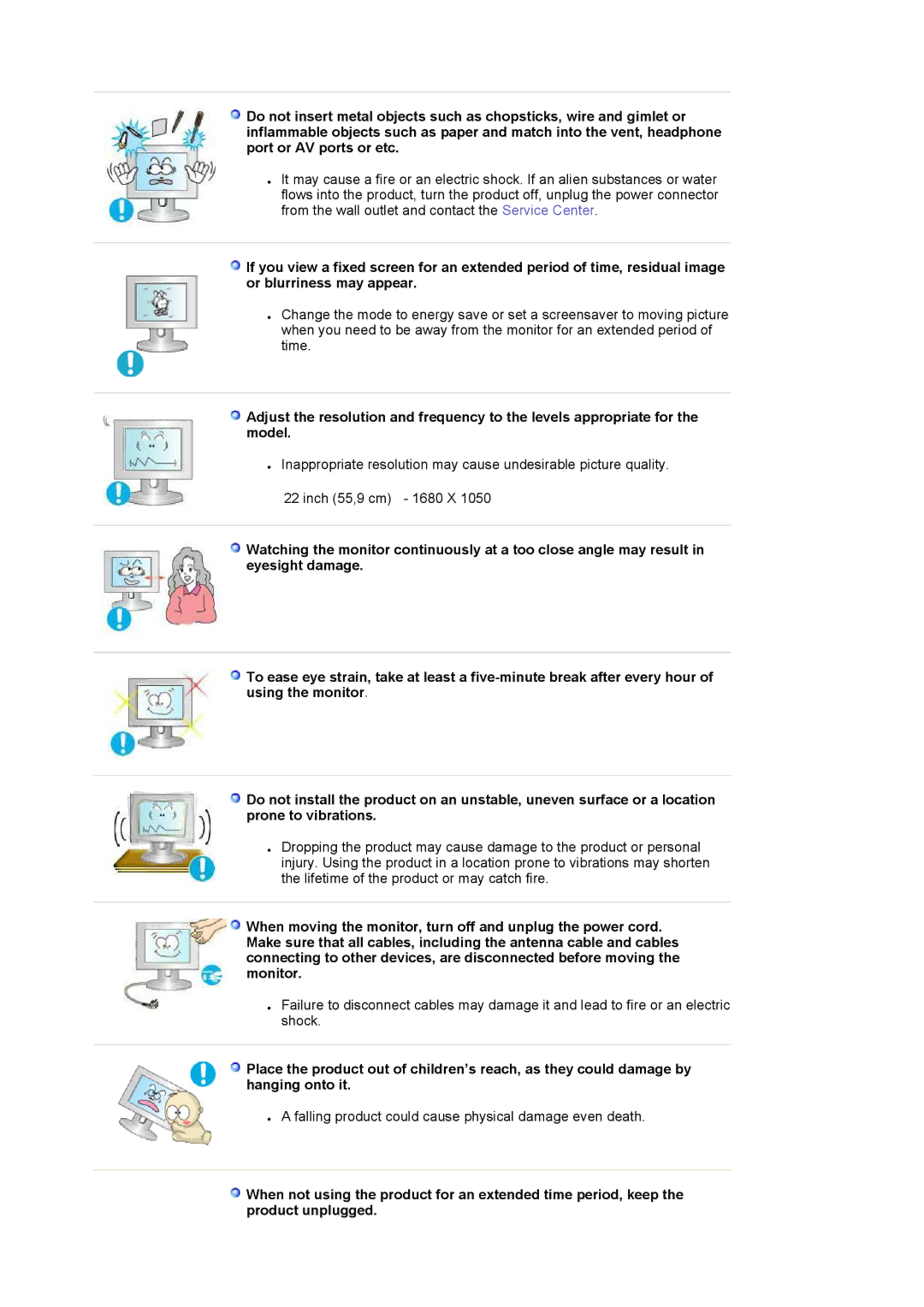 Samsung 225BW manual Falling product could cause physical damage even death 