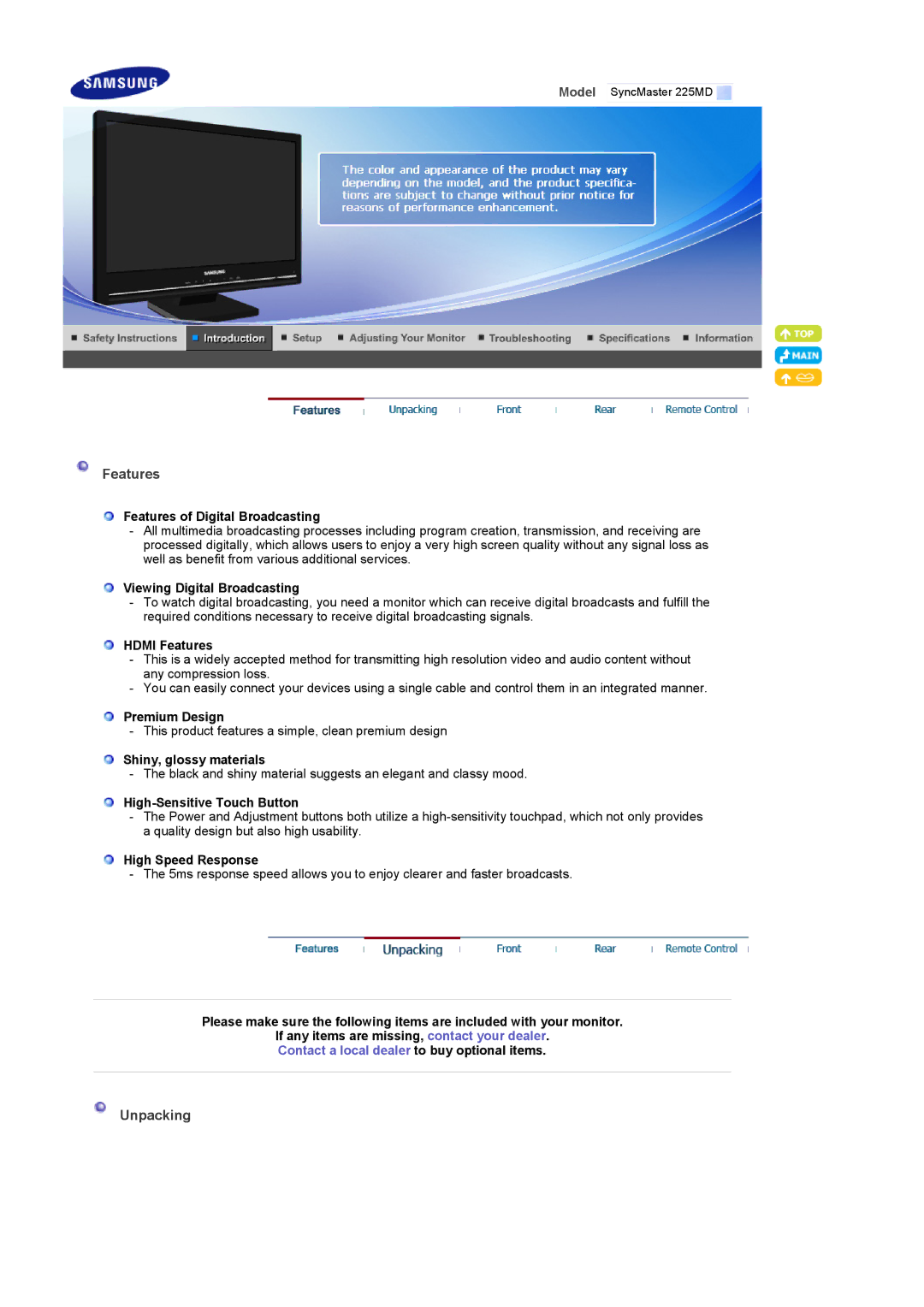 Samsung 225MD manual Features, Unpacking 