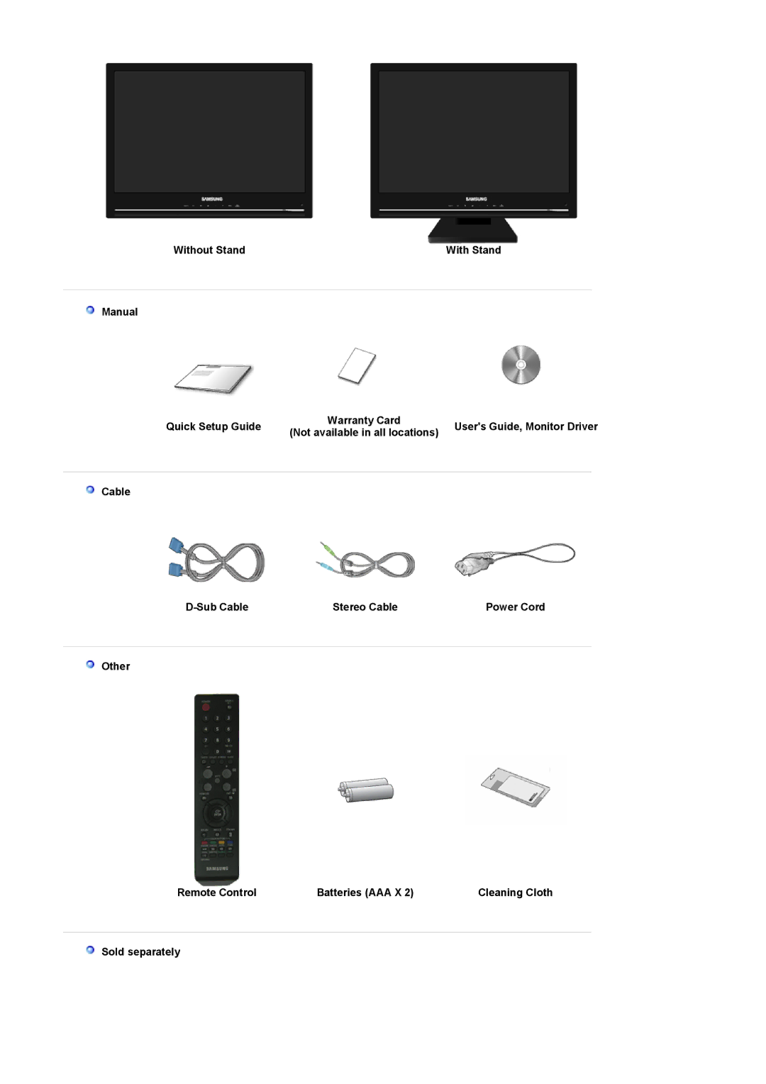 Samsung 225MD manual Without Stand, Manual Quick Setup Guide, Cable Sub Cable Stereo Cable 