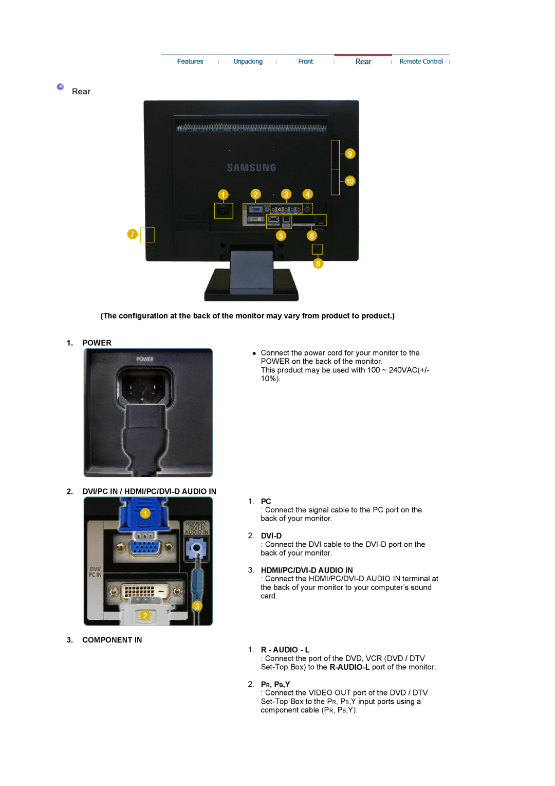 Samsung 225MD manual Rear, Power, DVI/PC in / HDMI/PC/DVI-D Audio, Component 