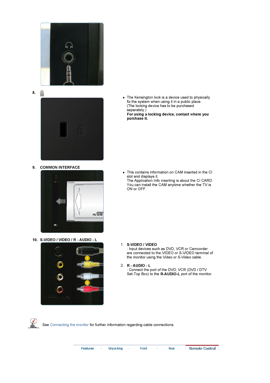 Samsung 225MD manual For using a locking device, contact where you purchase it, Common Interface, Video / Video / R Audio L 