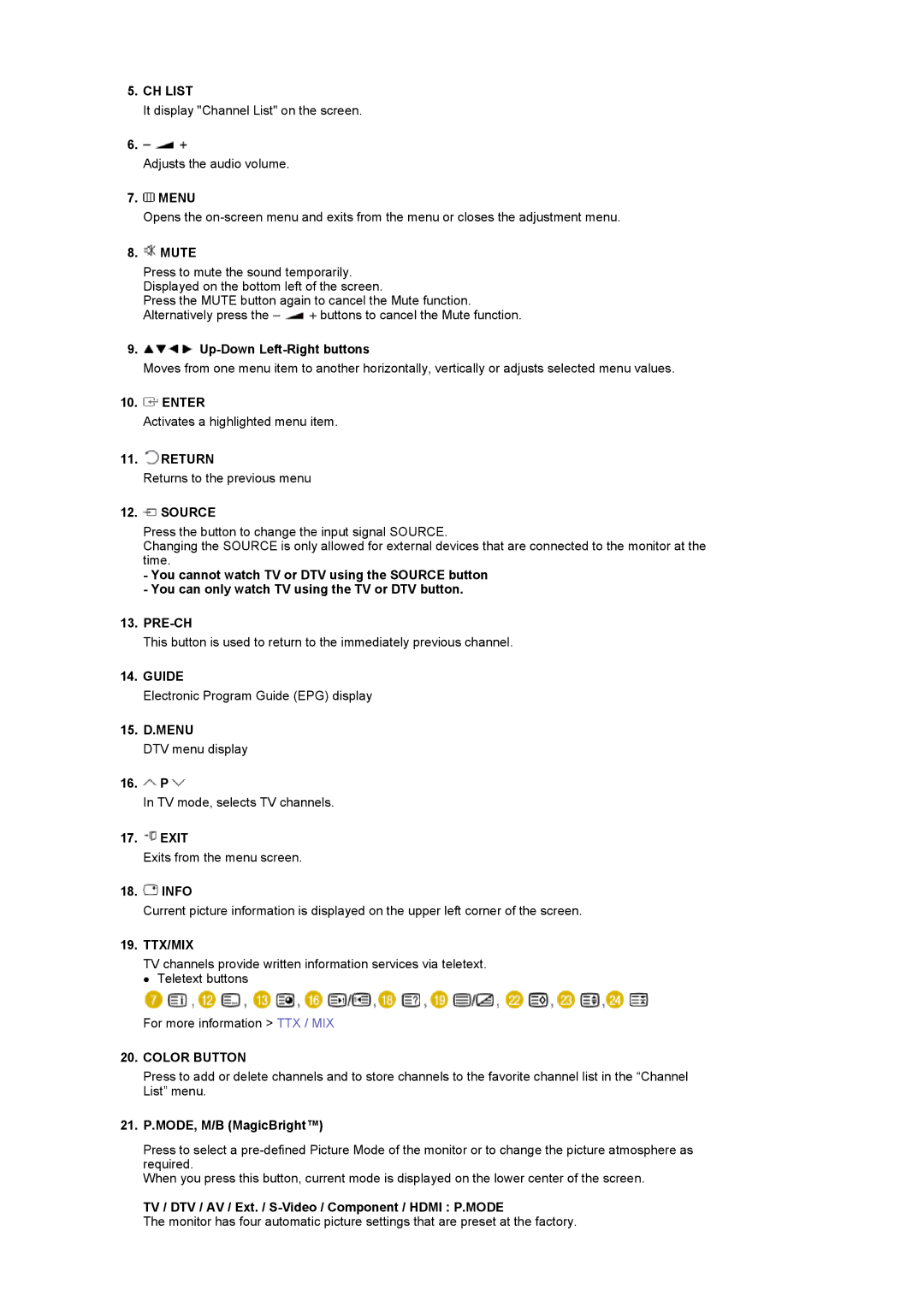 Samsung 225MD manual Source, Ttx/Mix, Color Button 