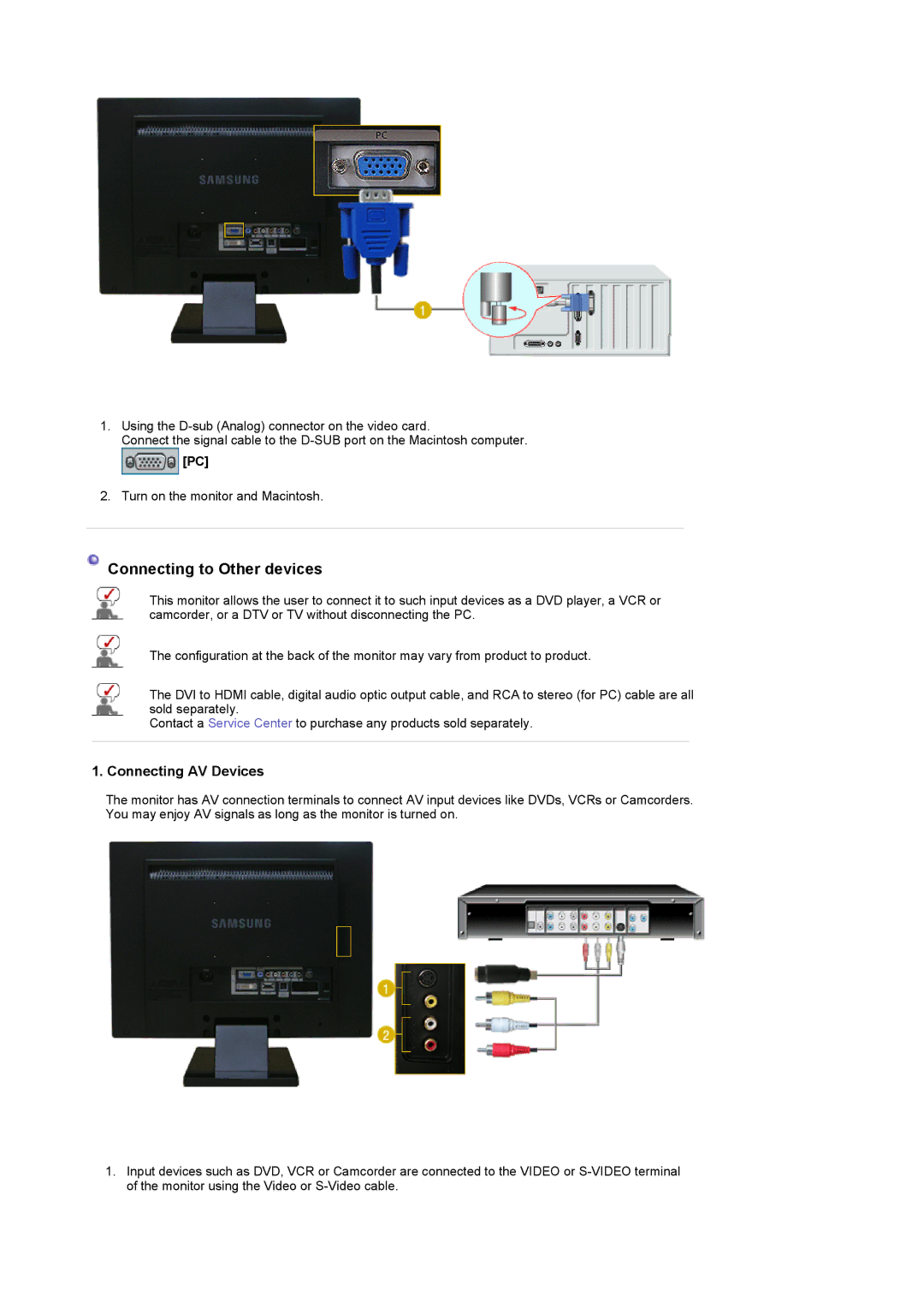 Samsung 225MD manual Connecting to Other devices, Connecting AV Devices 