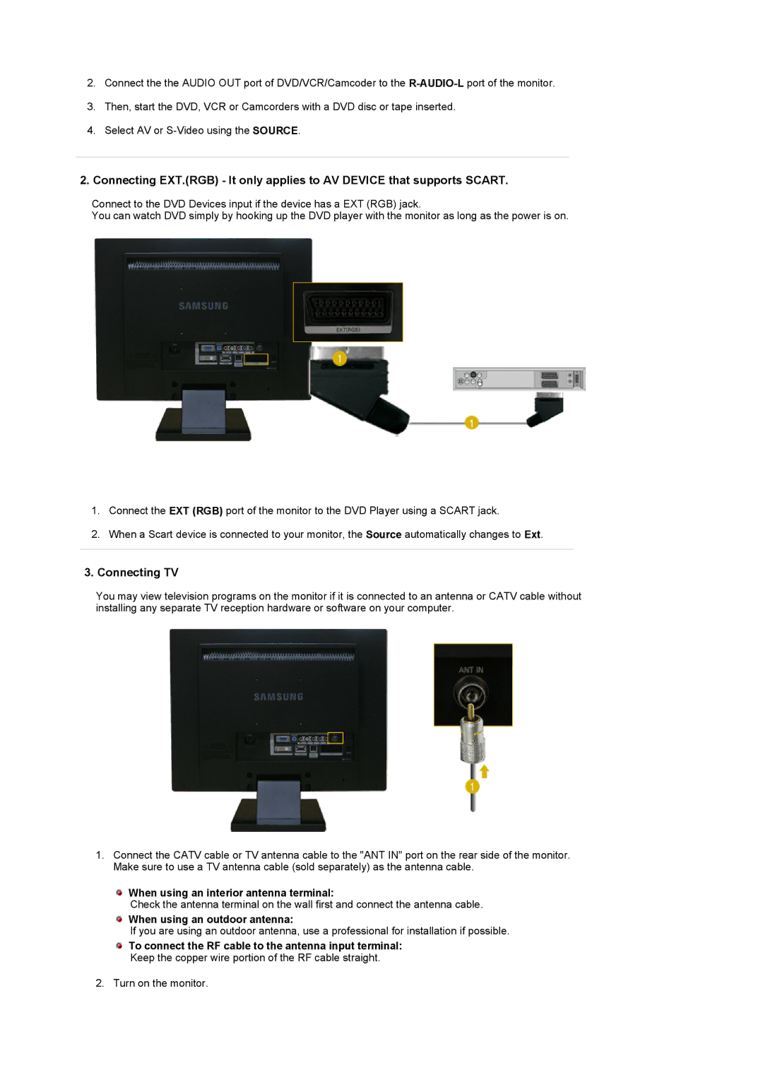 Samsung 225MD manual Connecting TV, When using an interior antenna terminal, When using an outdoor antenna 