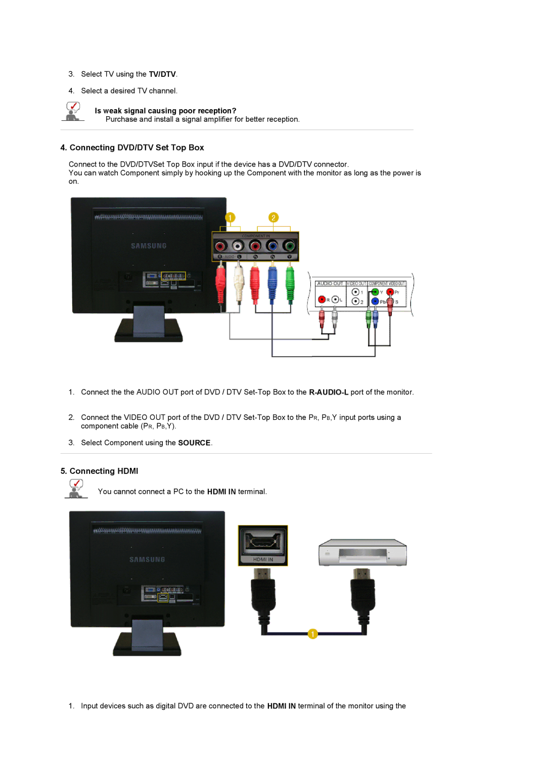 Samsung 225MD manual Connecting DVD/DTV Set Top Box, Connecting Hdmi, Is weak signal causing poor reception? 