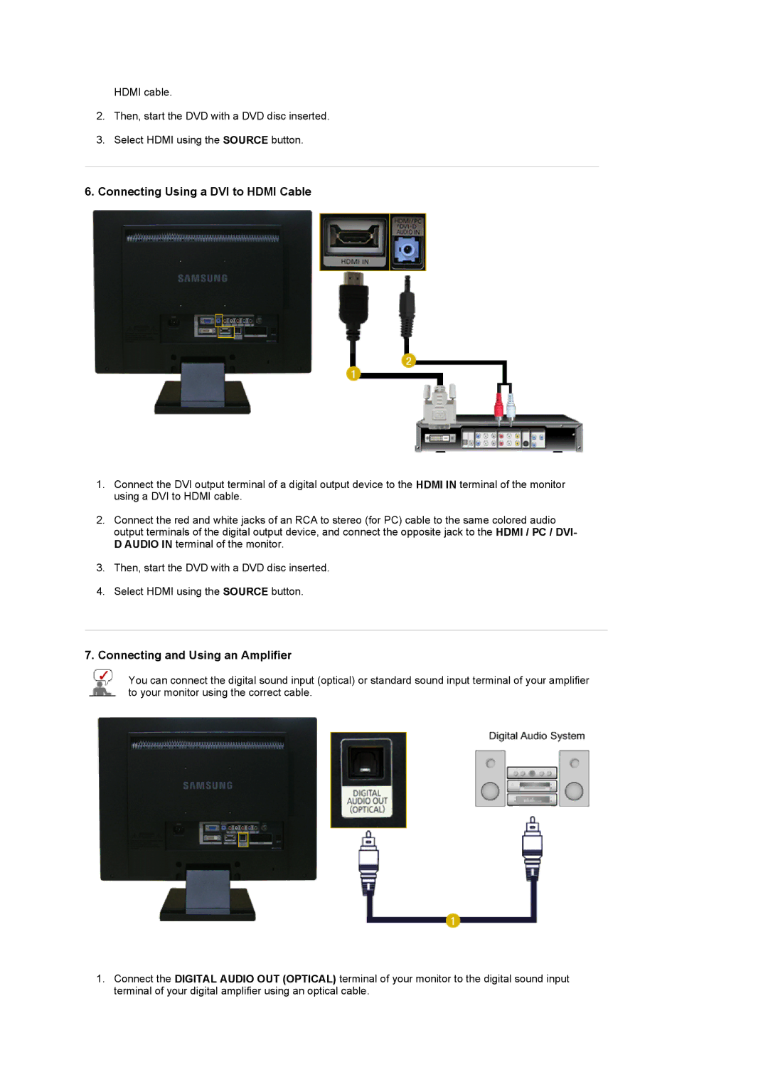 Samsung 225MD manual Connecting Using a DVI to Hdmi Cable, Connecting and Using an Amplifier 