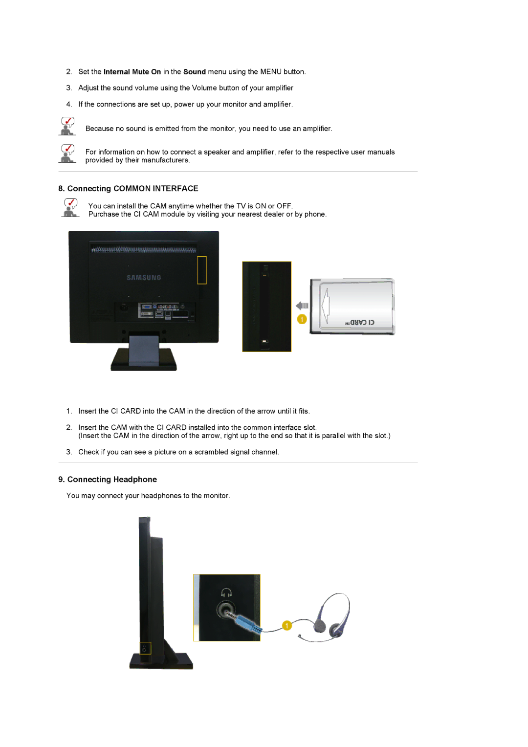 Samsung 225MD manual Connecting Common Interface, Connecting Headphone 