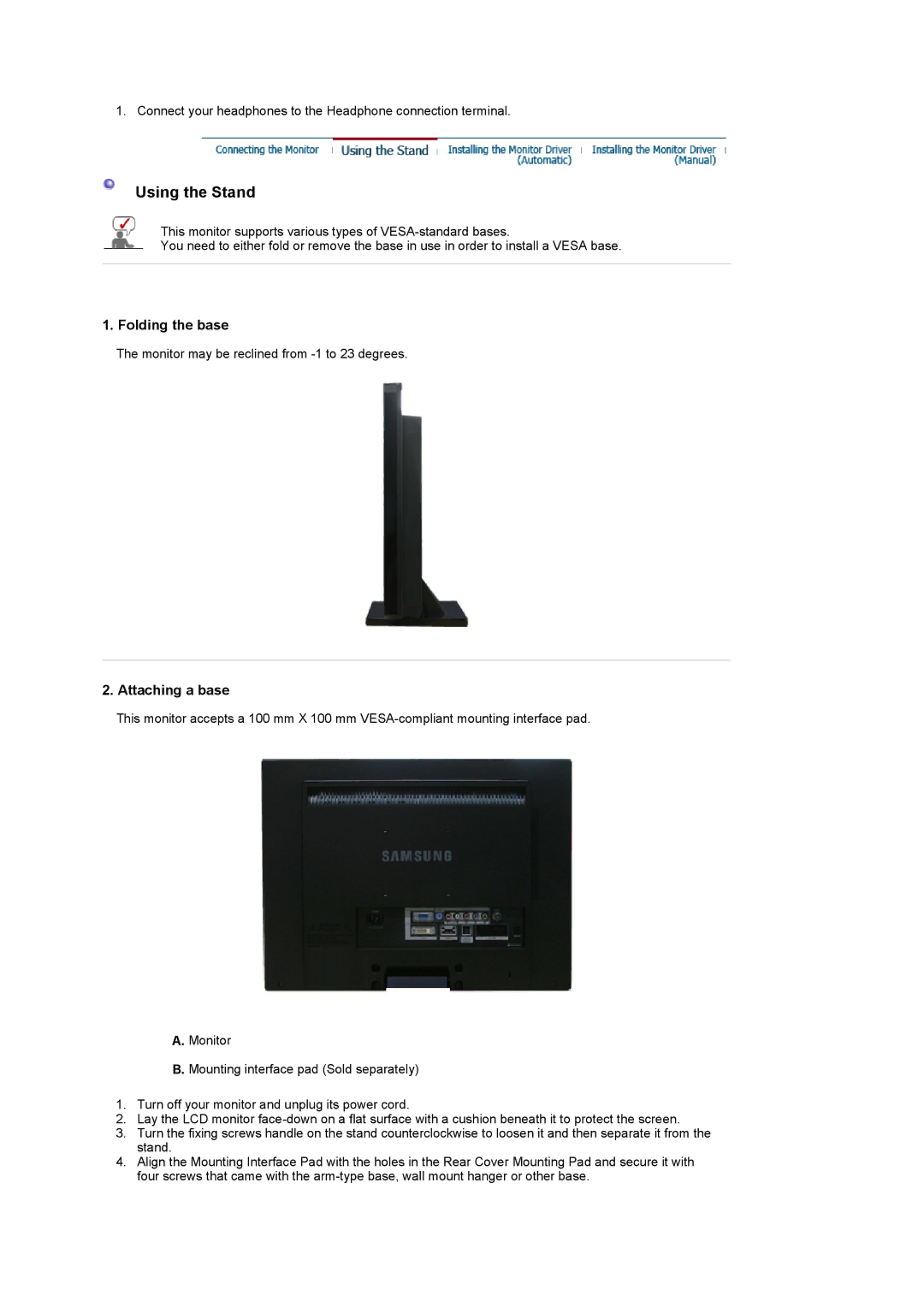 Samsung 225MD manual Folding the base, Attaching a base 