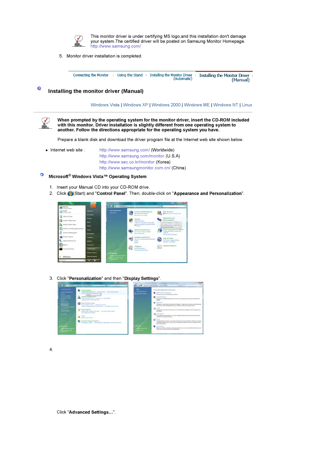 Samsung 225MD manual Installing the monitor driver Manual, Microsoft Windows Vista Operating System 