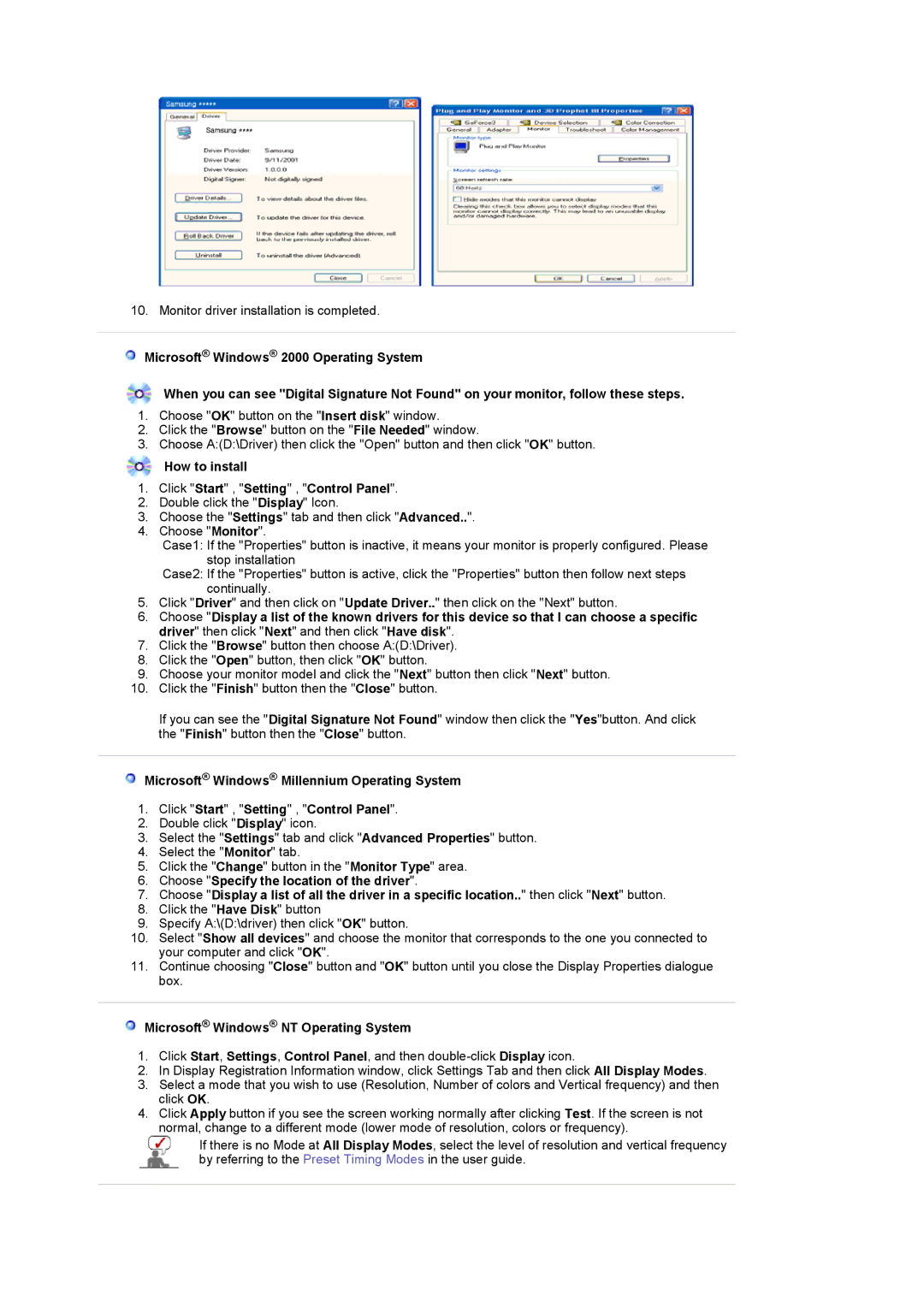 Samsung 225MD manual How to install Click Start , Setting , Control Panel, Microsoft Windows NT Operating System 