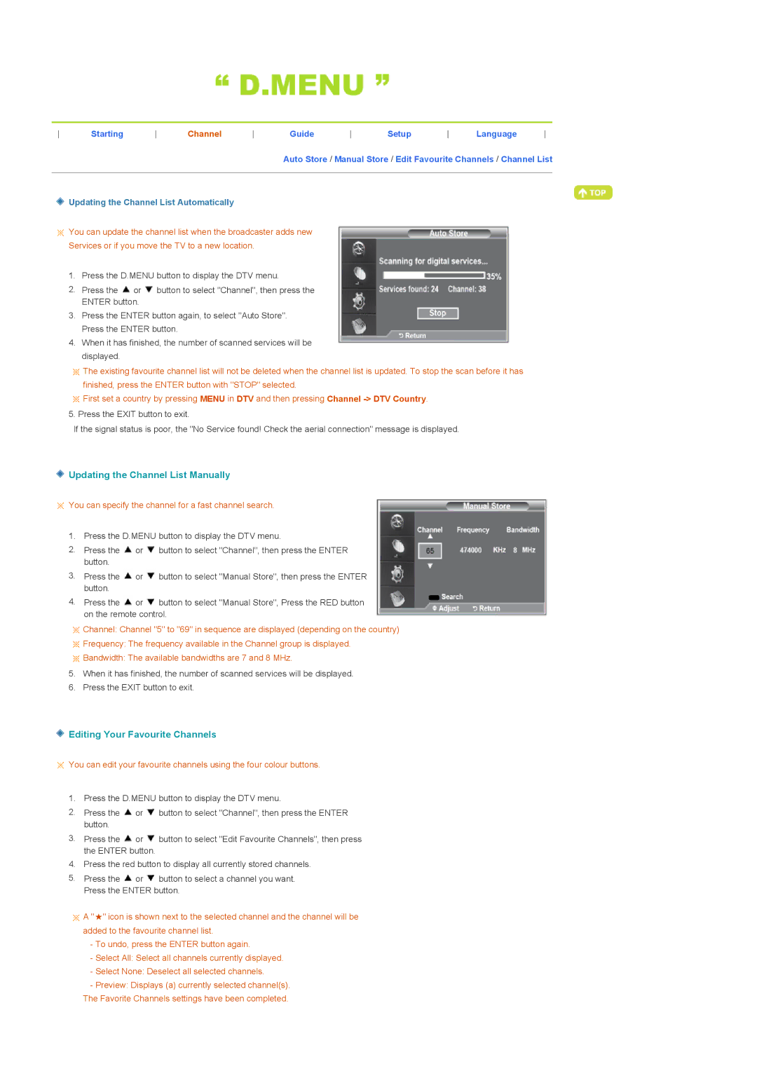 Samsung 225MD manual Updating the Channel List Manually, Editing Your Favourite Channels 