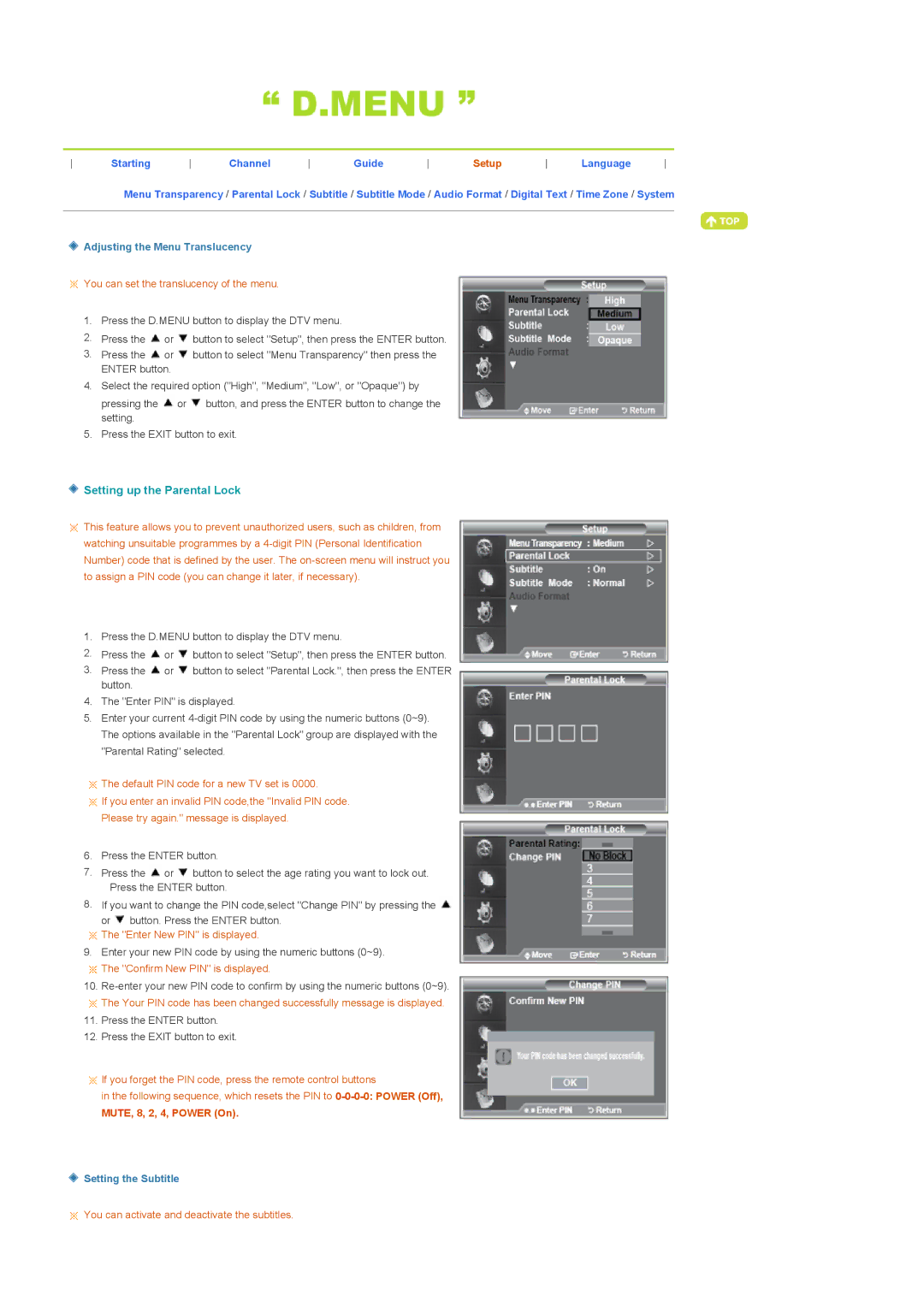 Samsung 225MD manual Setting up the Parental Lock, Setup 