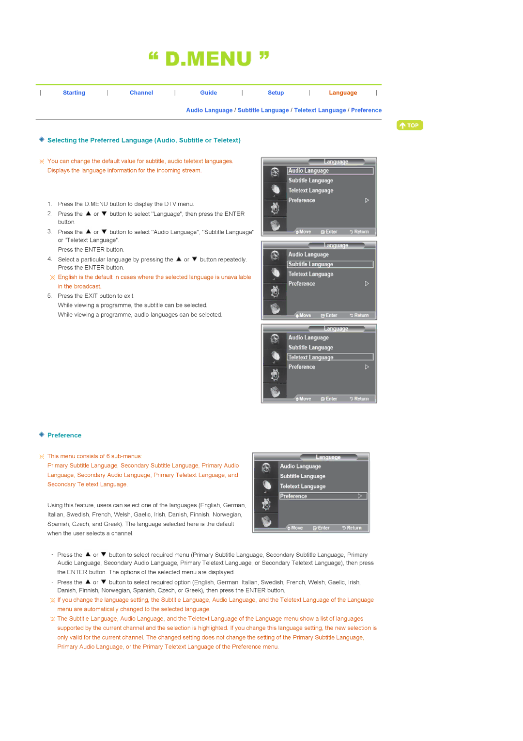 Samsung 225MD manual Selecting the Preferred Language Audio, Subtitle or Teletext, Preference 