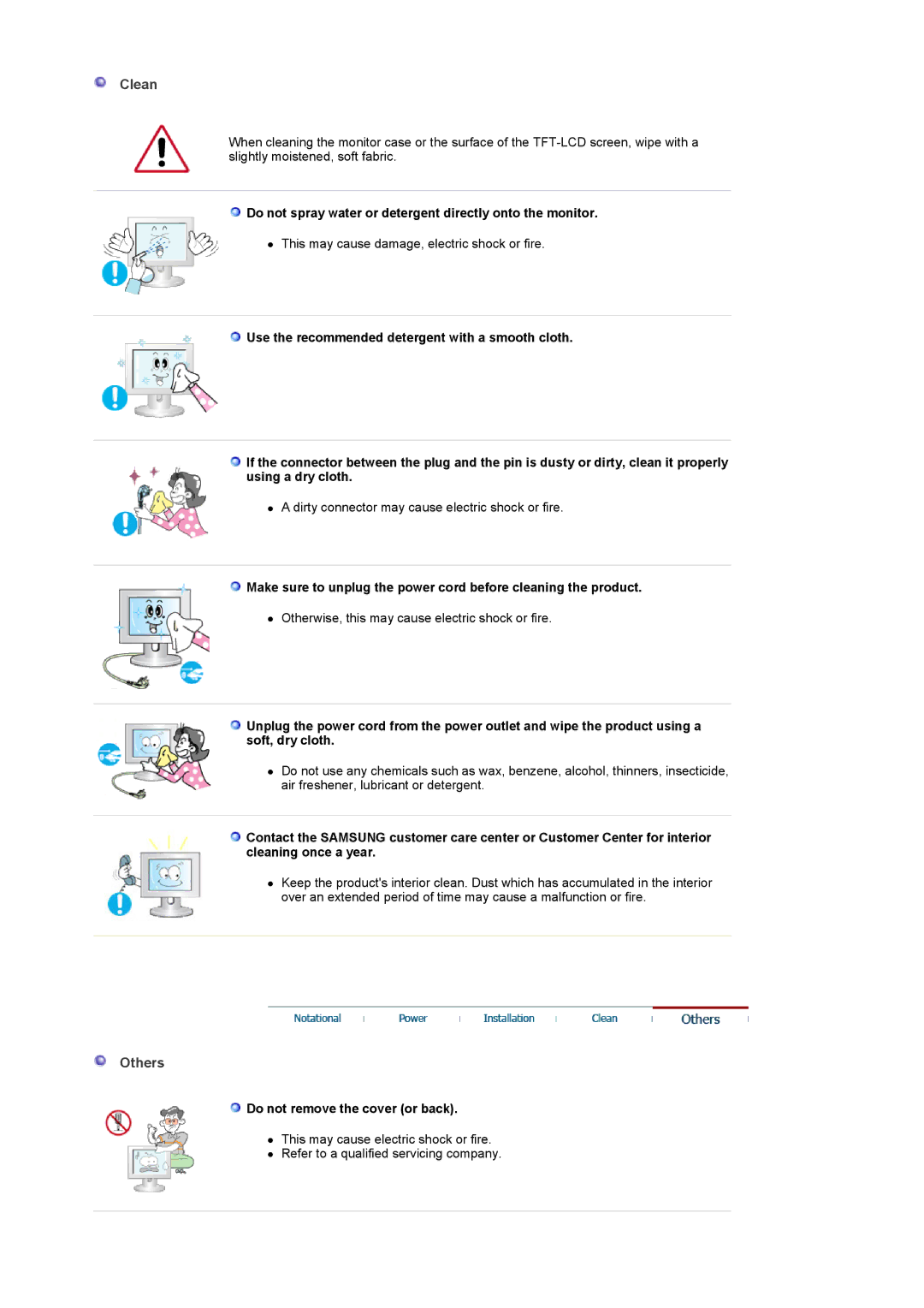 Samsung 225MD Clean, Others, Do not spray water or detergent directly onto the monitor, Do not remove the cover or back 