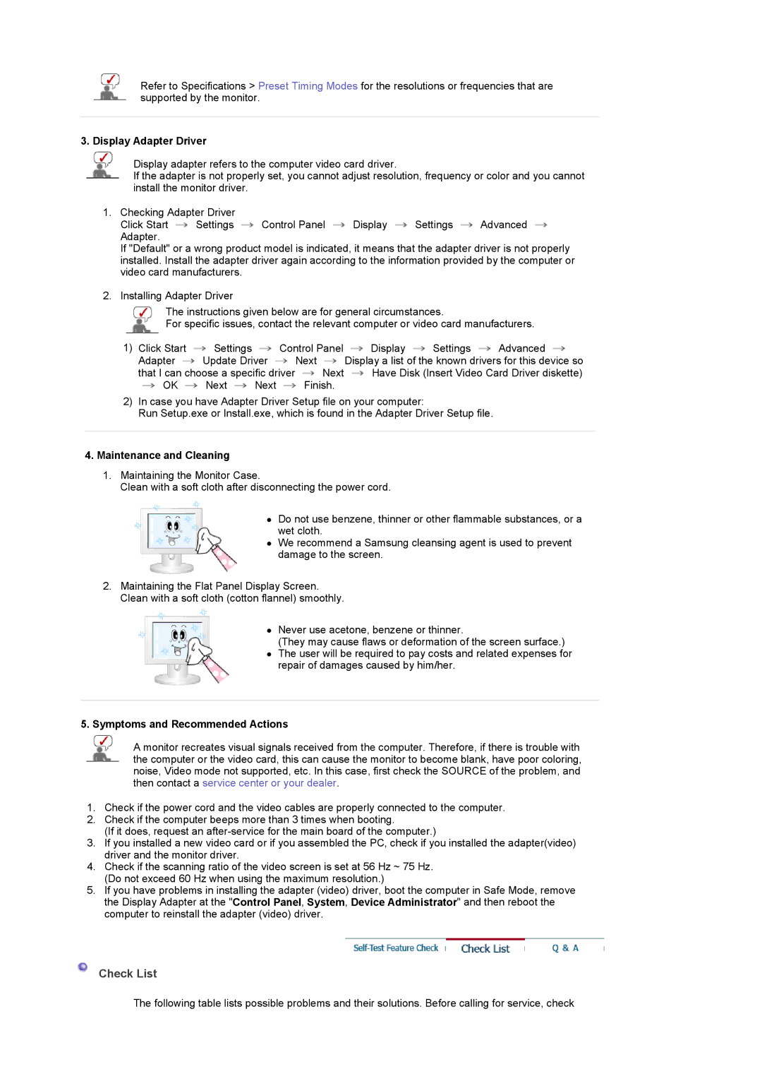 Samsung 225MD manual Check List, Display Adapter Driver, Maintenance and Cleaning, Symptoms and Recommended Actions 