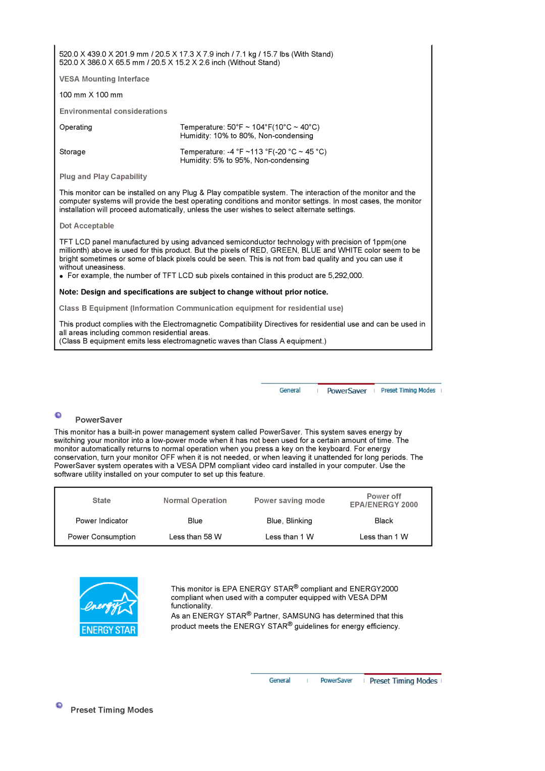 Samsung 225MD manual PowerSaver, Preset Timing Modes 