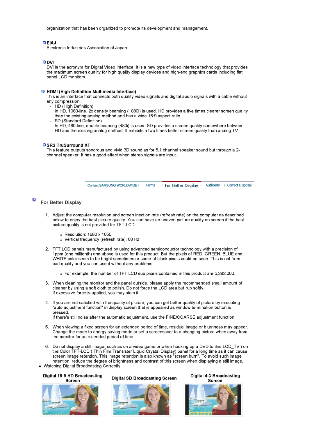Samsung 225MD manual For Better Display, Eiaj, Dvi, Hdmi High Definition Multimedia Interface, SRS TruSurround XT 