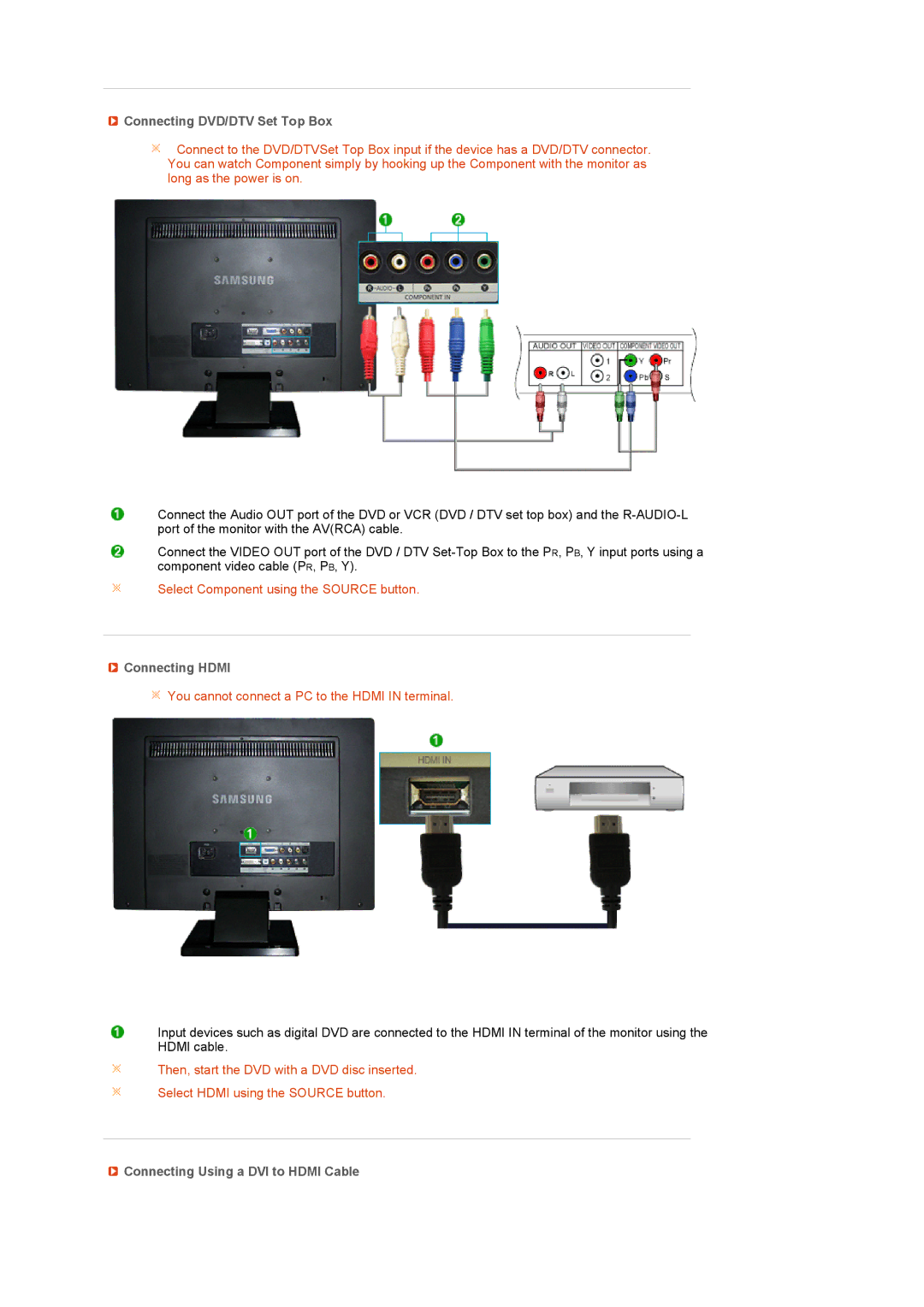 Samsung 225MS manual Connecting DVD/DTV Set Top Box, Connecting Hdmi, Connecting Using a DVI to Hdmi Cable 