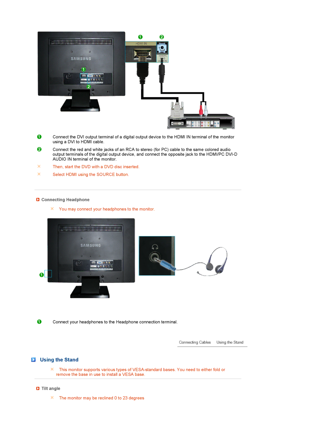 Samsung 225MS manual Using the Stand, Connecting Headphone, Tilt angle 