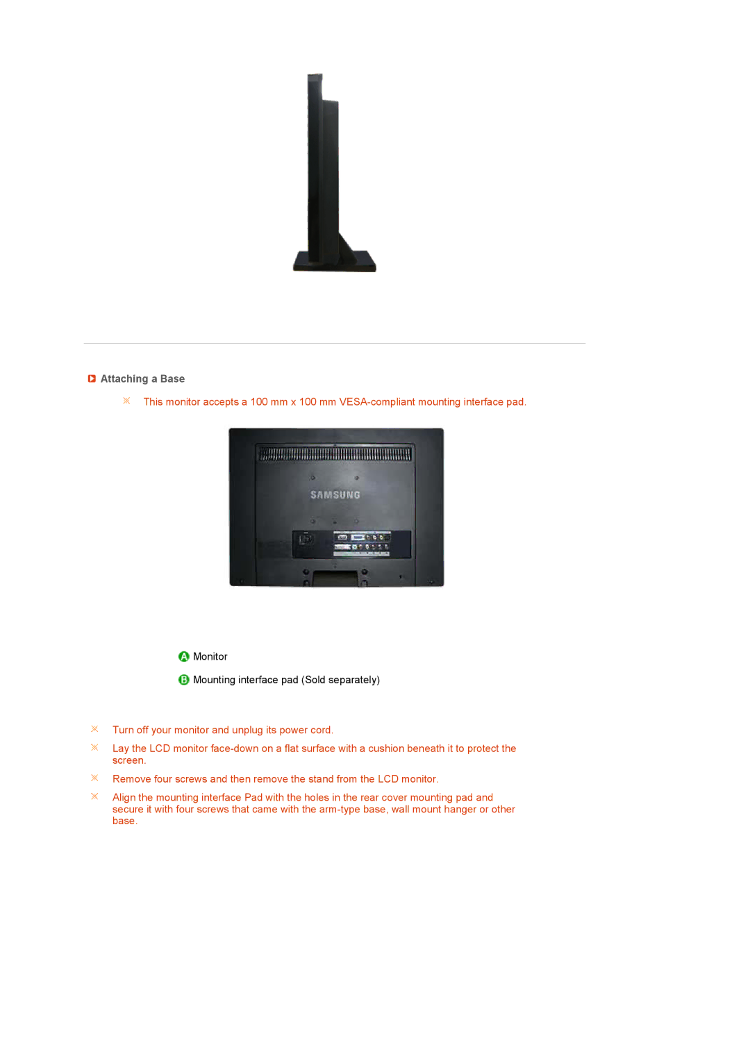 Samsung 225MS manual Attaching a Base 