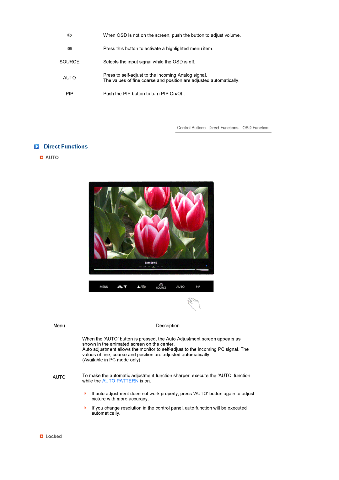 Samsung 225MS manual Direct Functions, Source Auto PIP, Locked 
