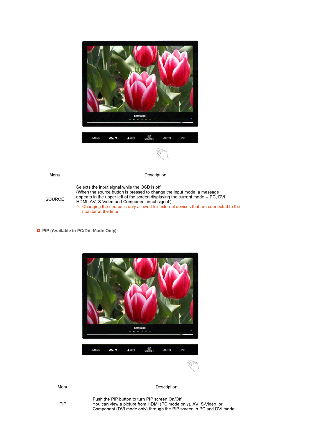 Samsung 225MS manual Source, PIP Available in PC/DVI Mode Only 