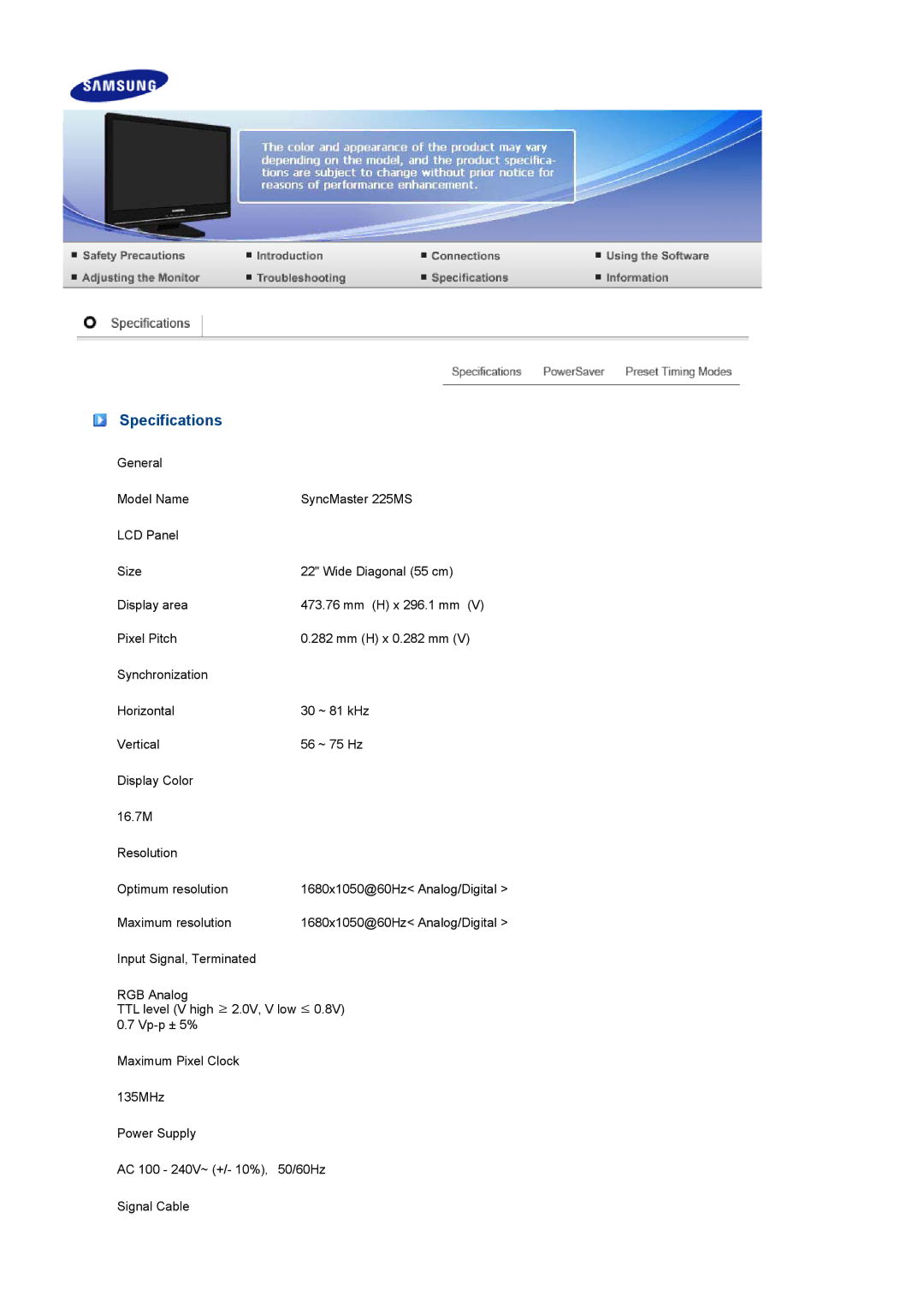 Samsung 225MS manual Specifications 