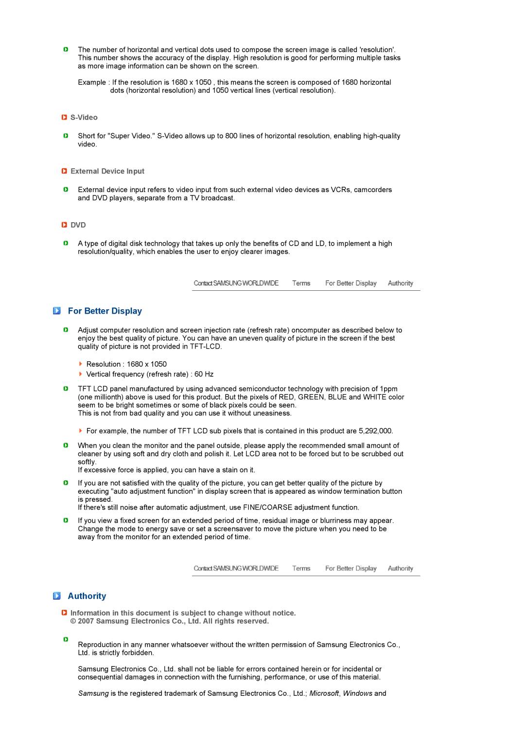 Samsung 225MS manual For Better Display, Authority, Video, External Device Input 