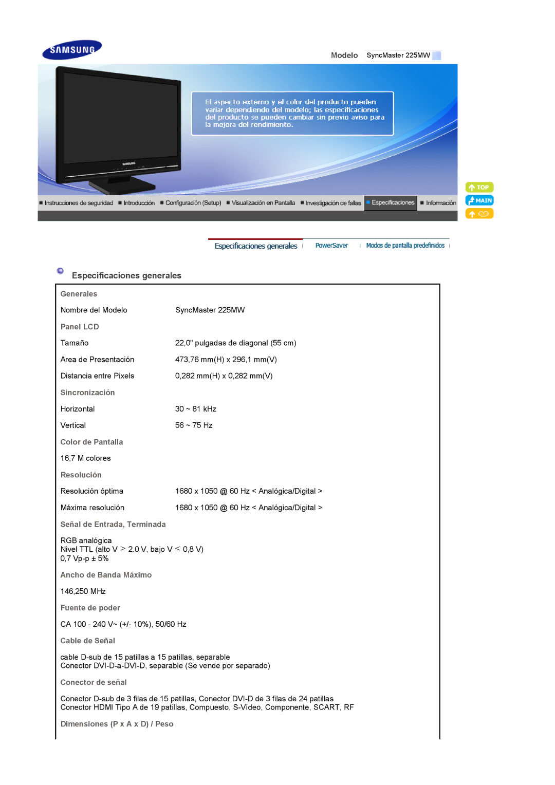 Samsung 225MW manual Especificaciones generales 