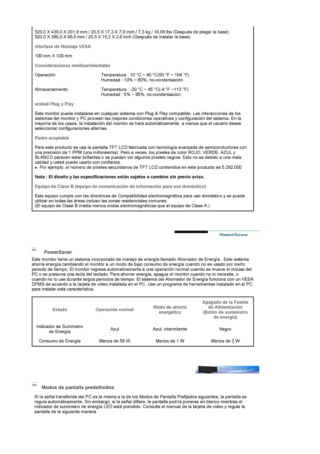 Samsung 225MW manual PowerSaver, Modos de pantalla predefinidos 