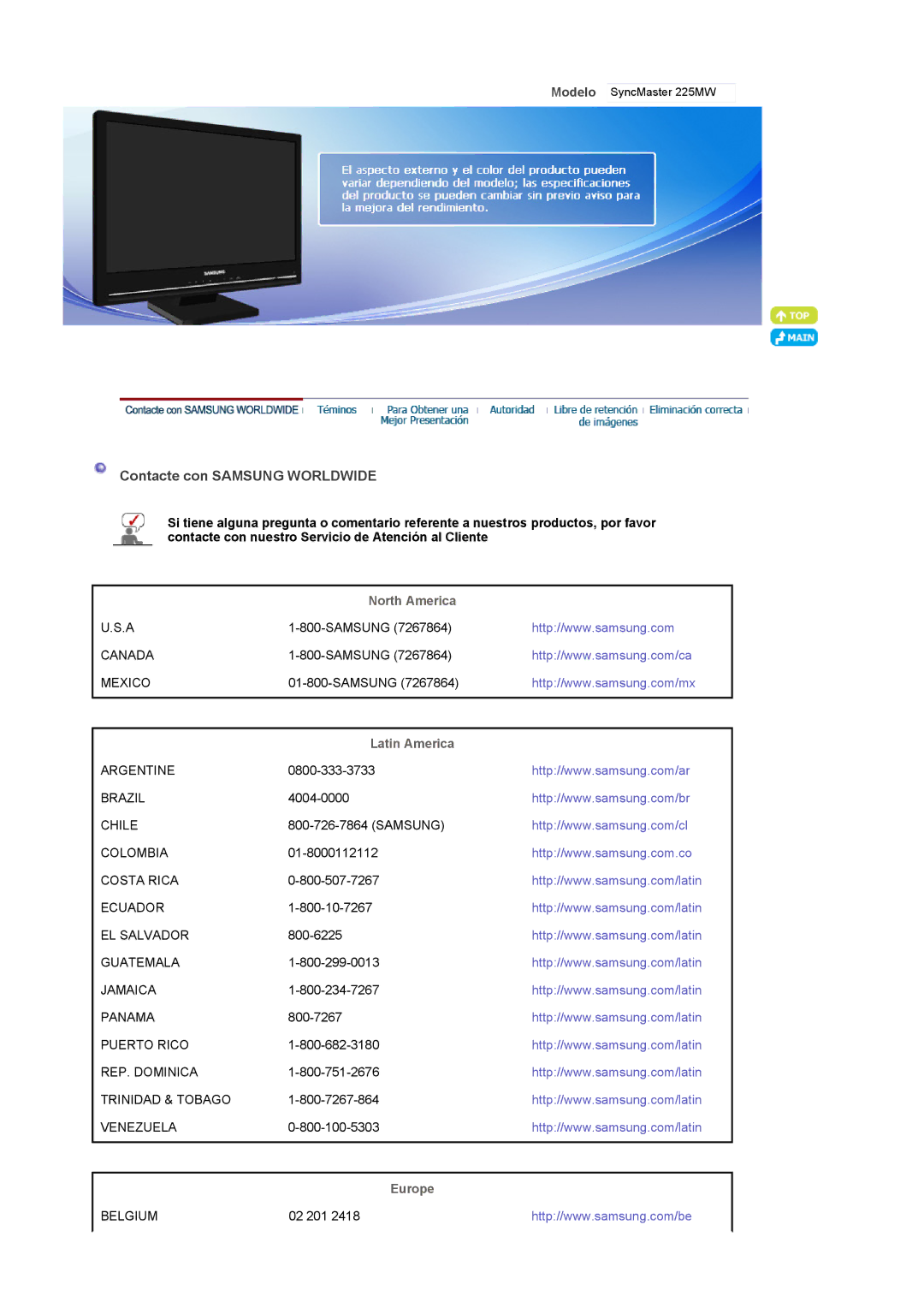 Samsung 225MW manual Contacte con Samsung Worldwide, North America, Latin America, Europe 