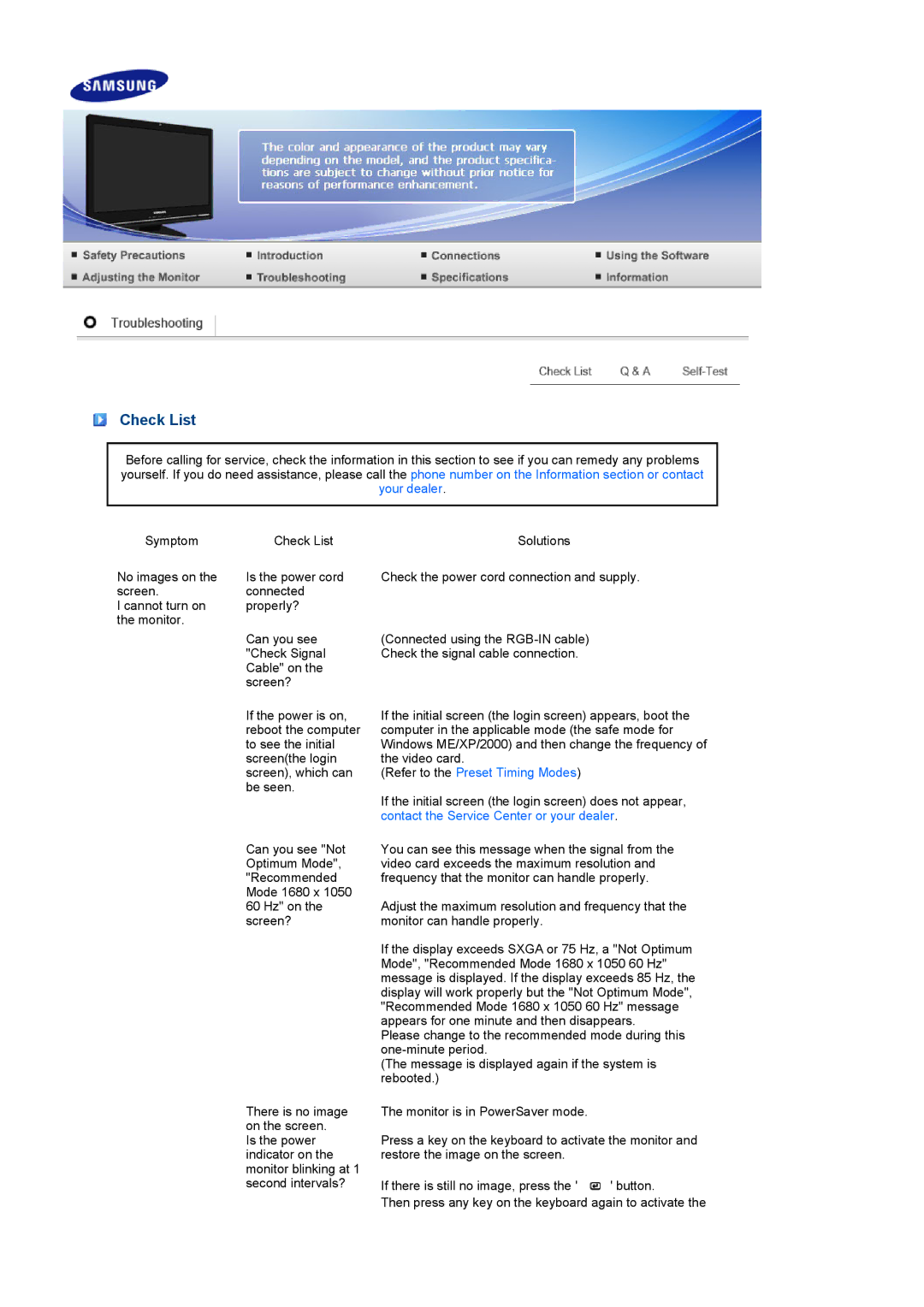 Samsung 225UN quick start Check List, Refer to the Preset Timing Modes 